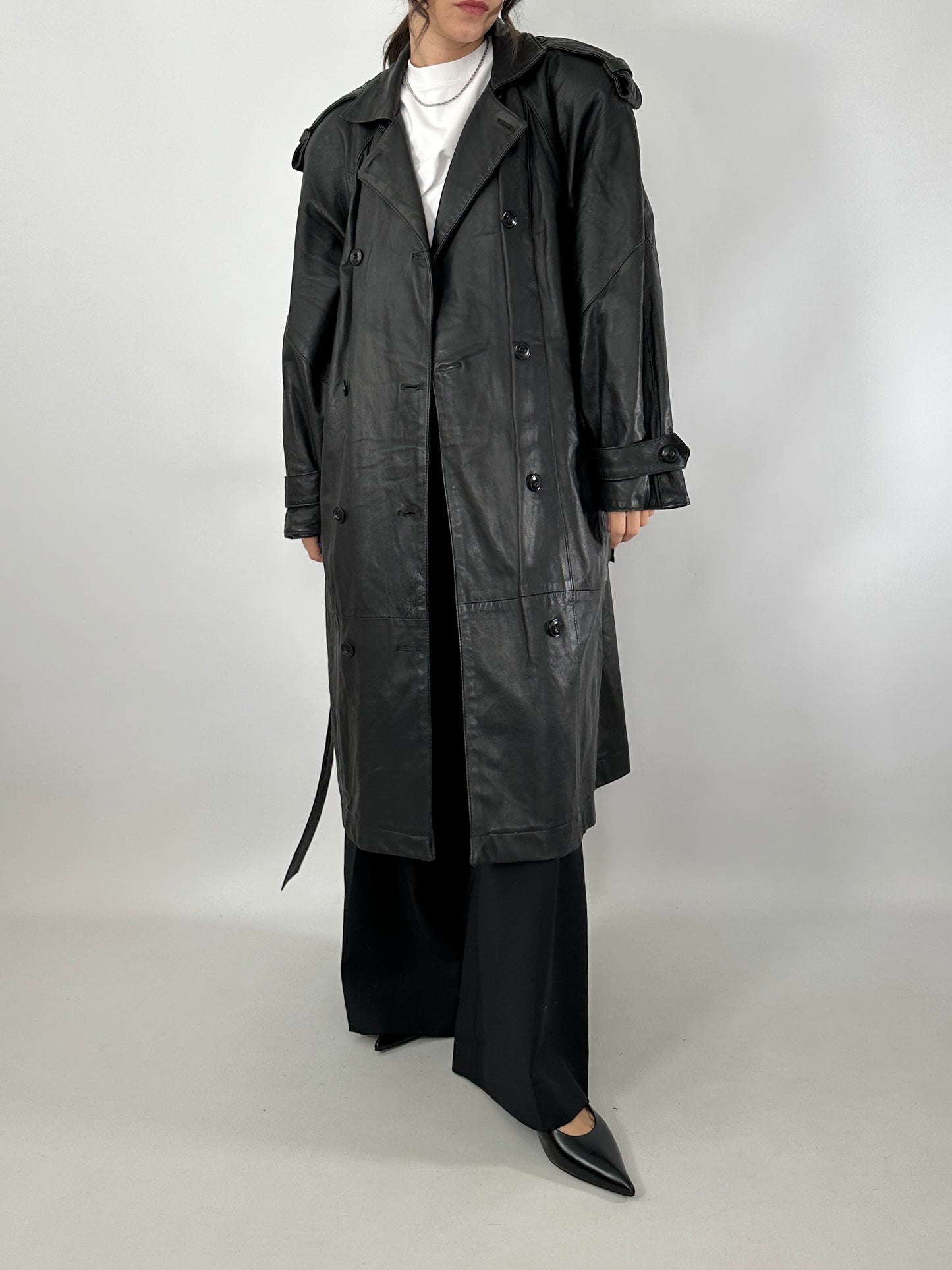 Genuine leather 80s trench coat