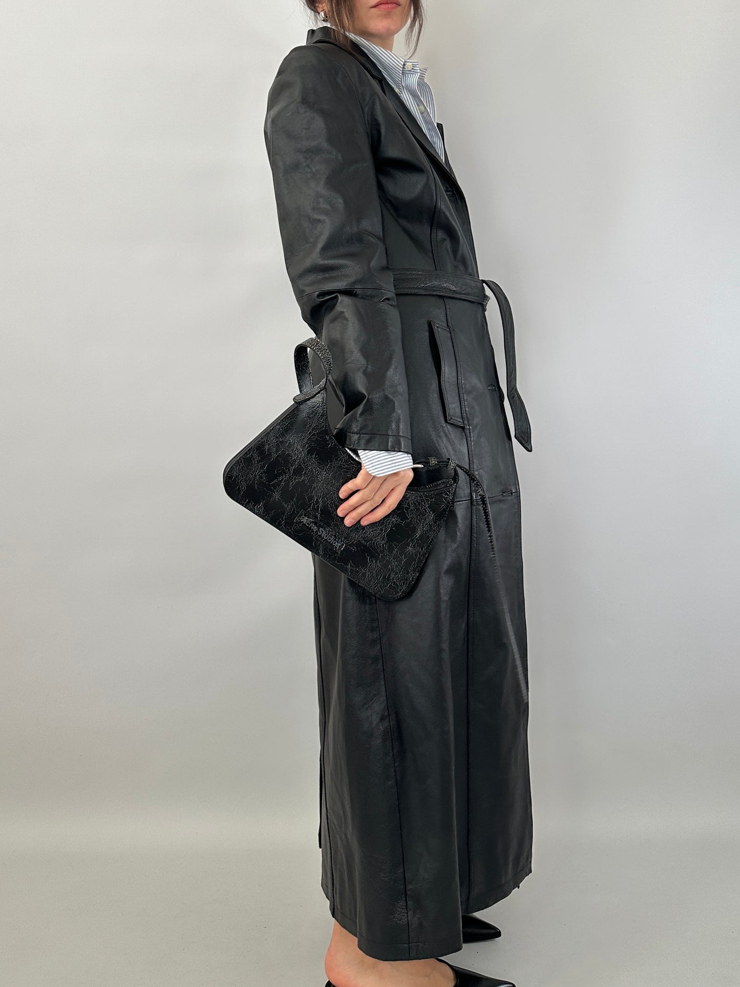 Extra-long real leather trench coat