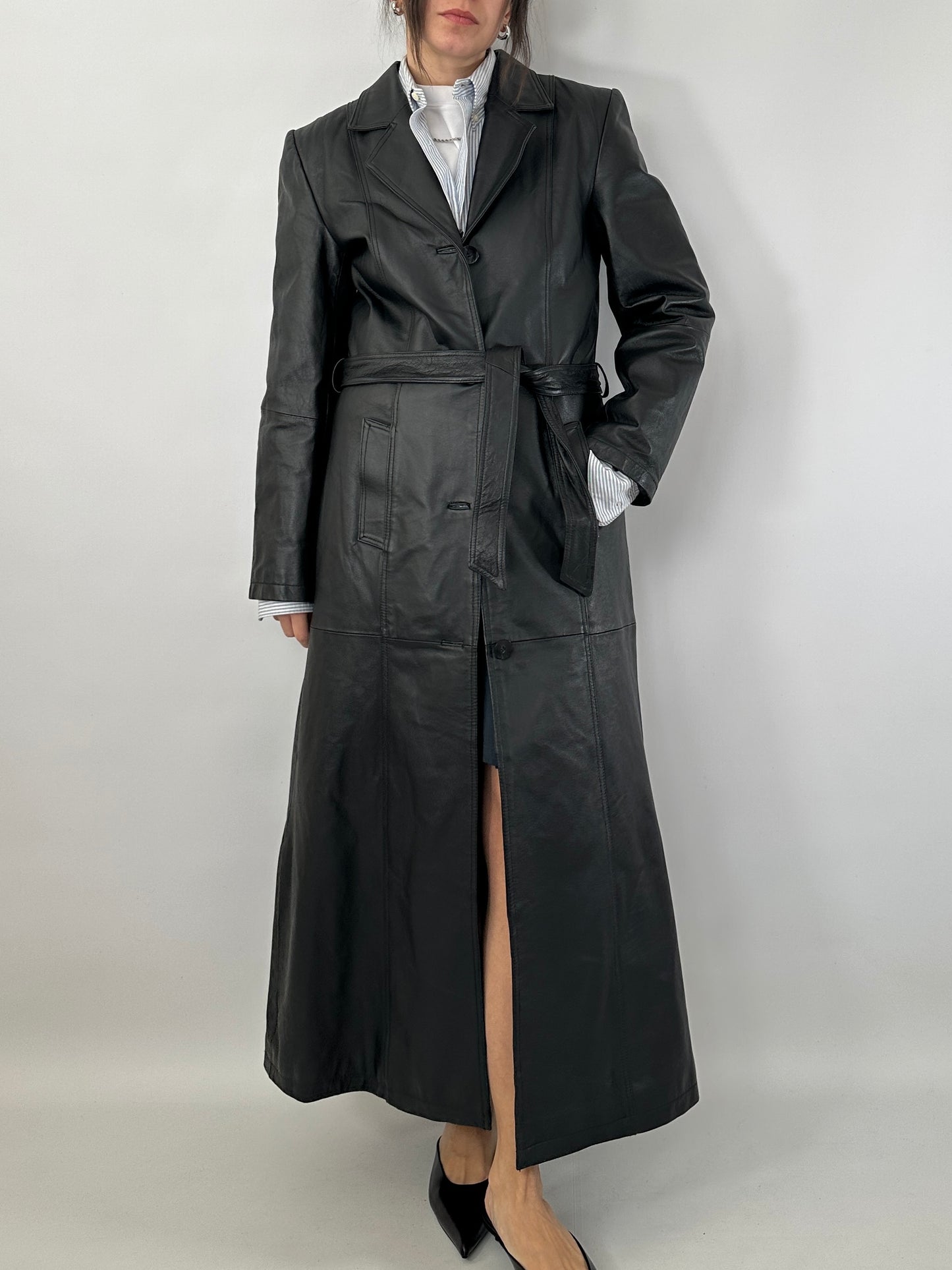Extra-long real leather trench coat