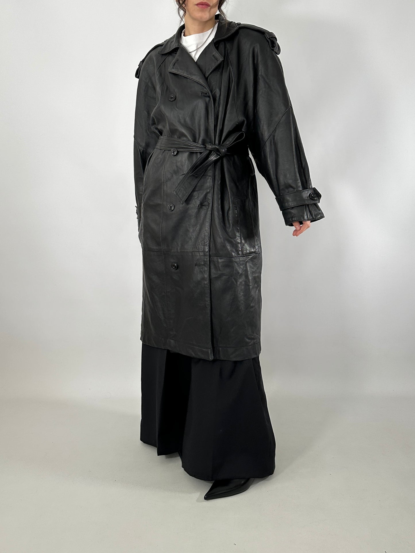 Genuine leather 80s trench coat