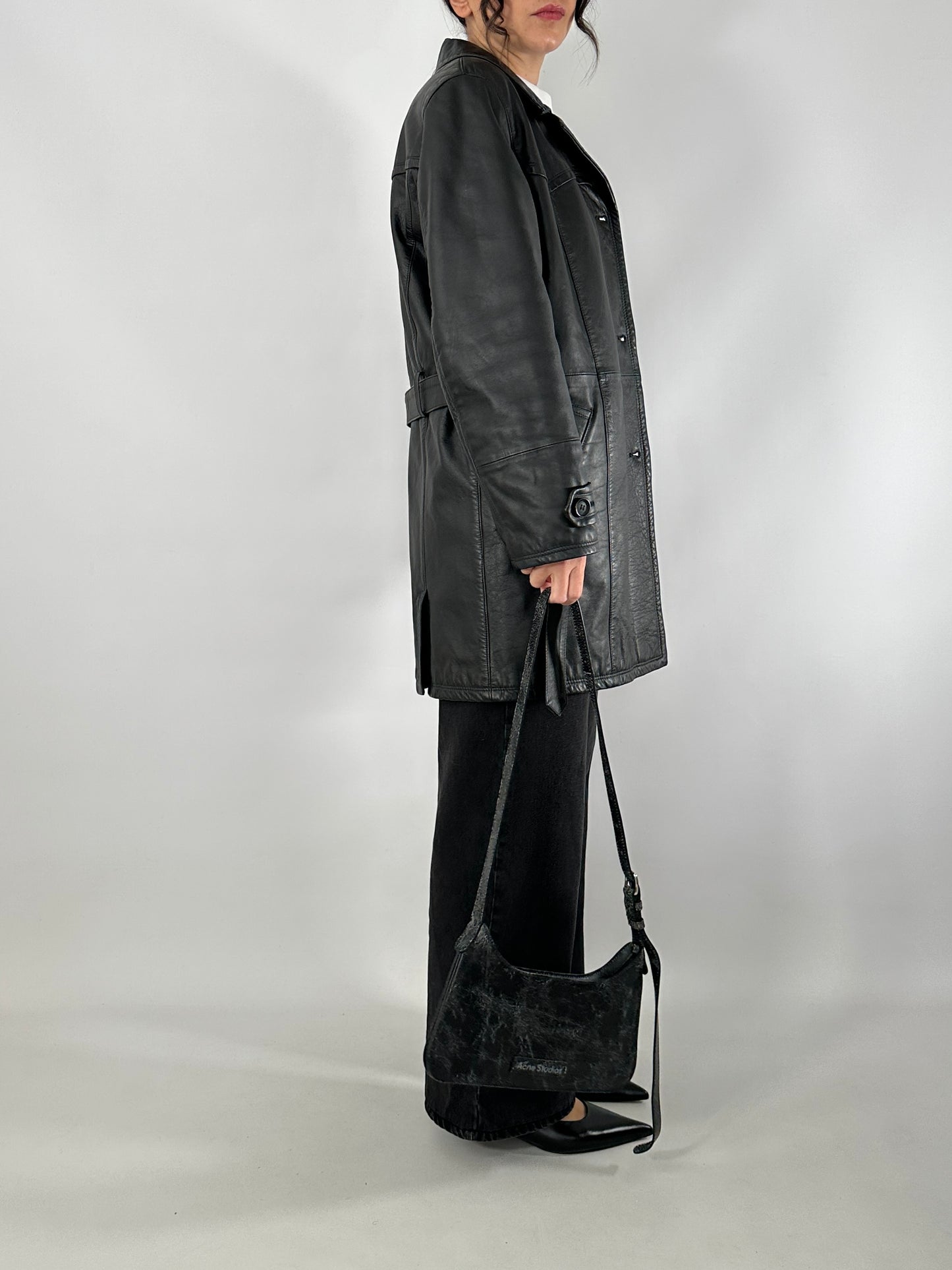 Short leather trench coat
