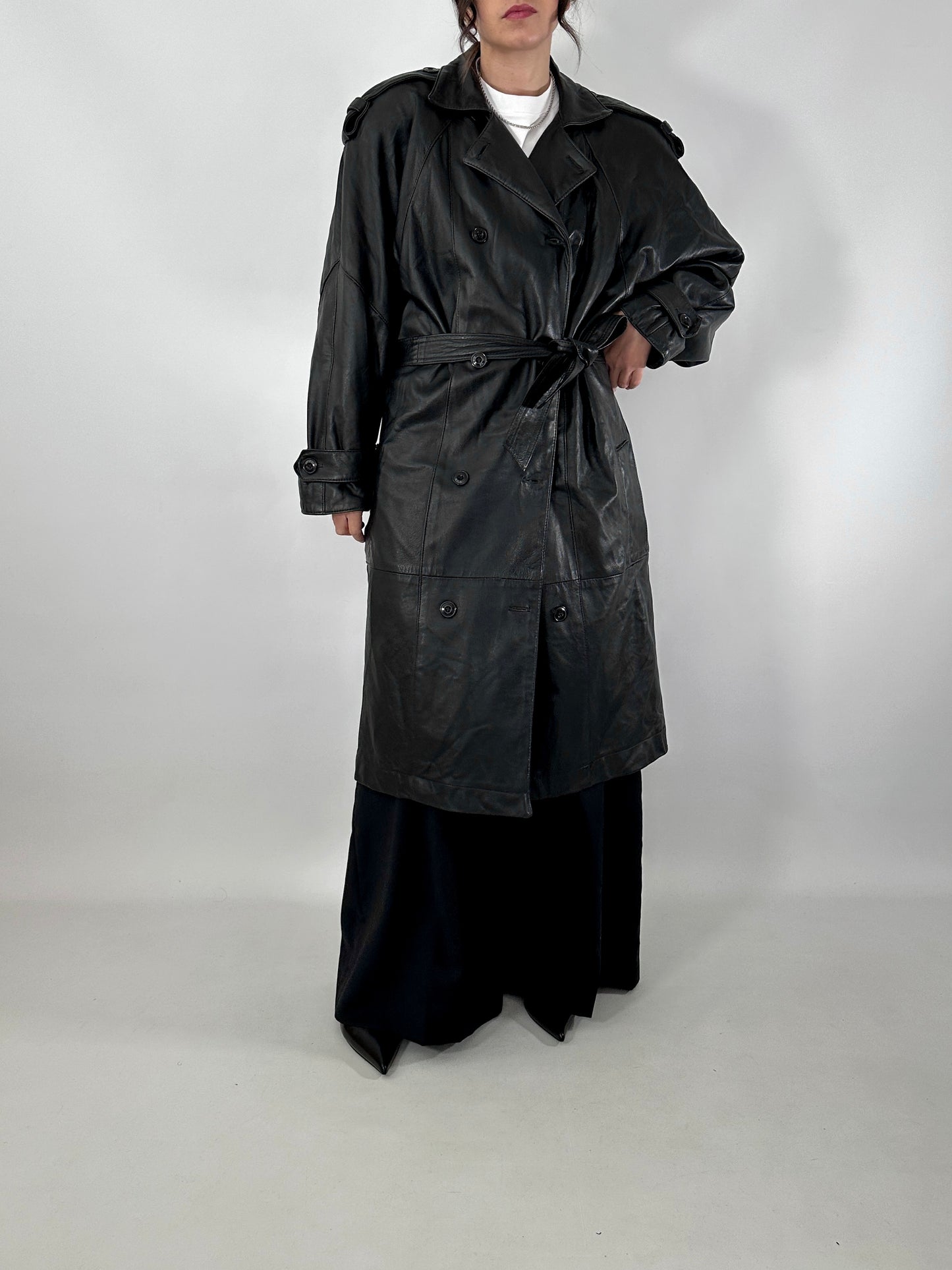 Genuine leather 80s trench coat