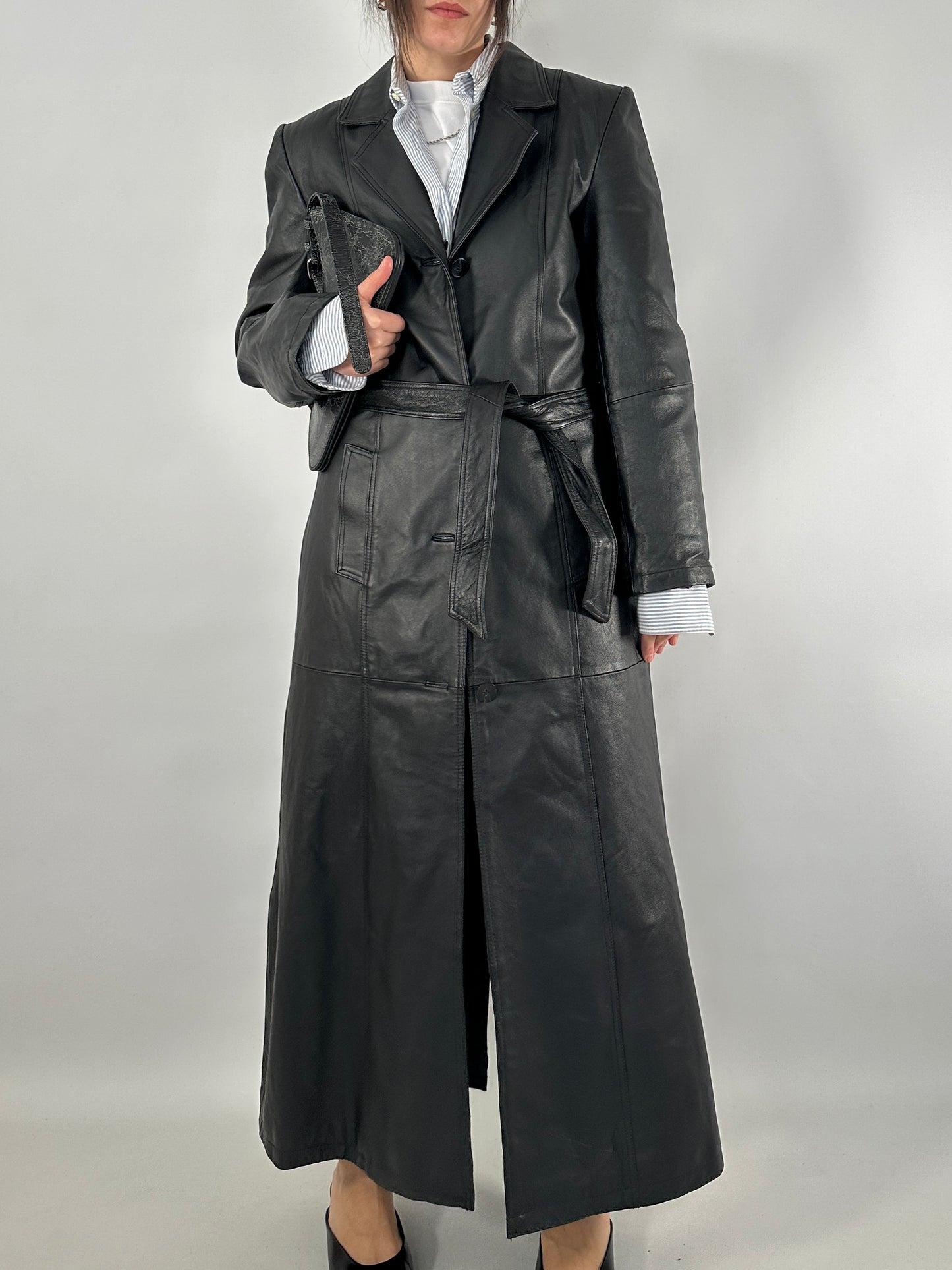 Extra-long real leather trench coat