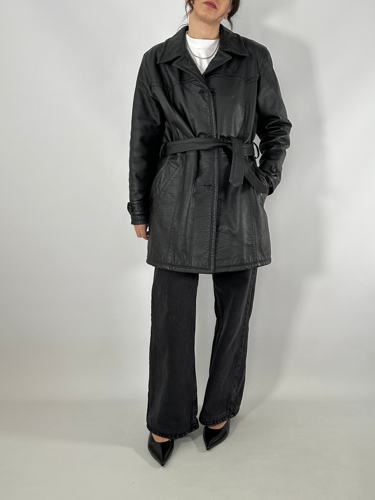 Short leather trench coat