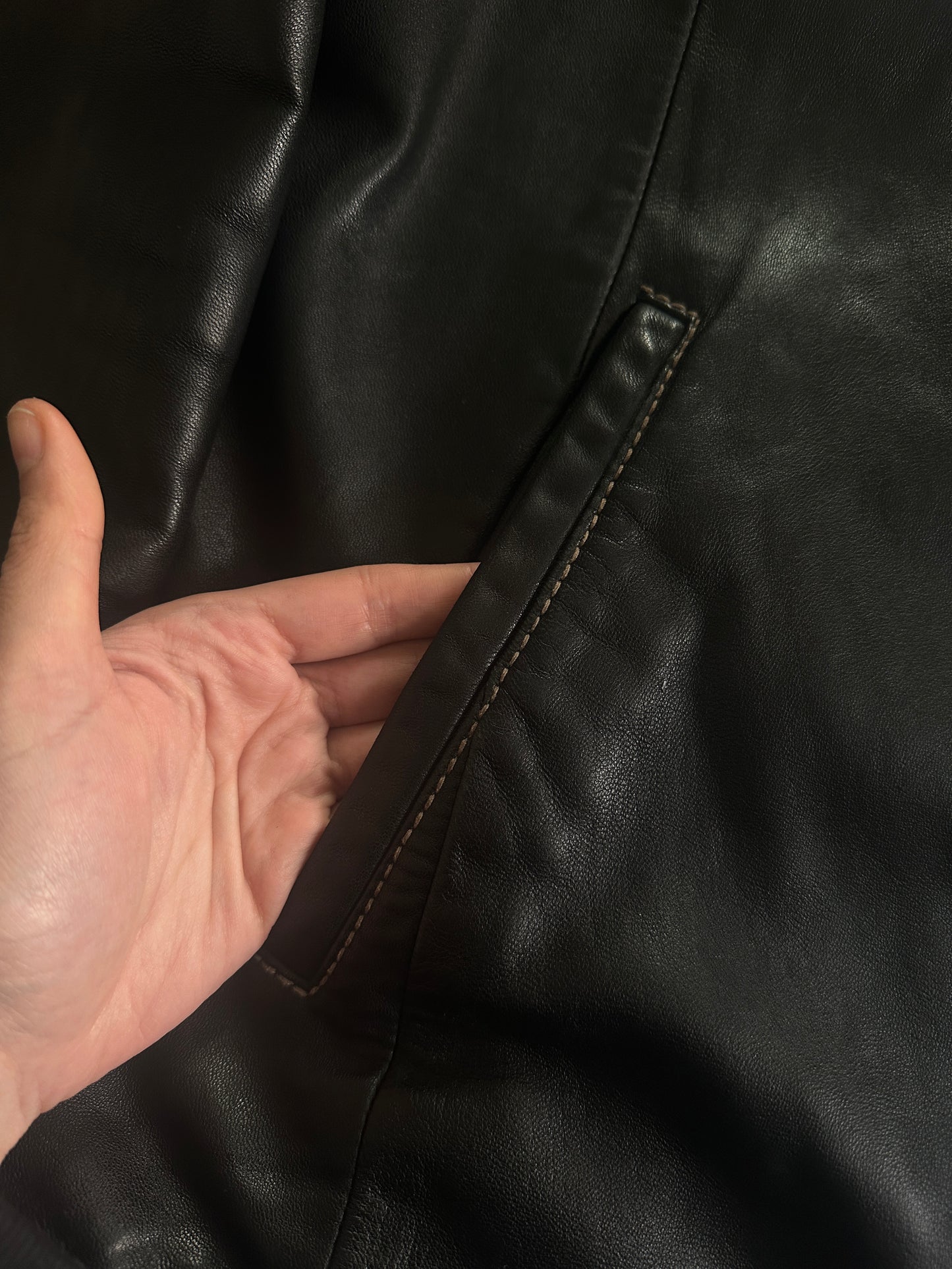 Vintage Leather Jacket with Stand Collar and Contrast Stitching