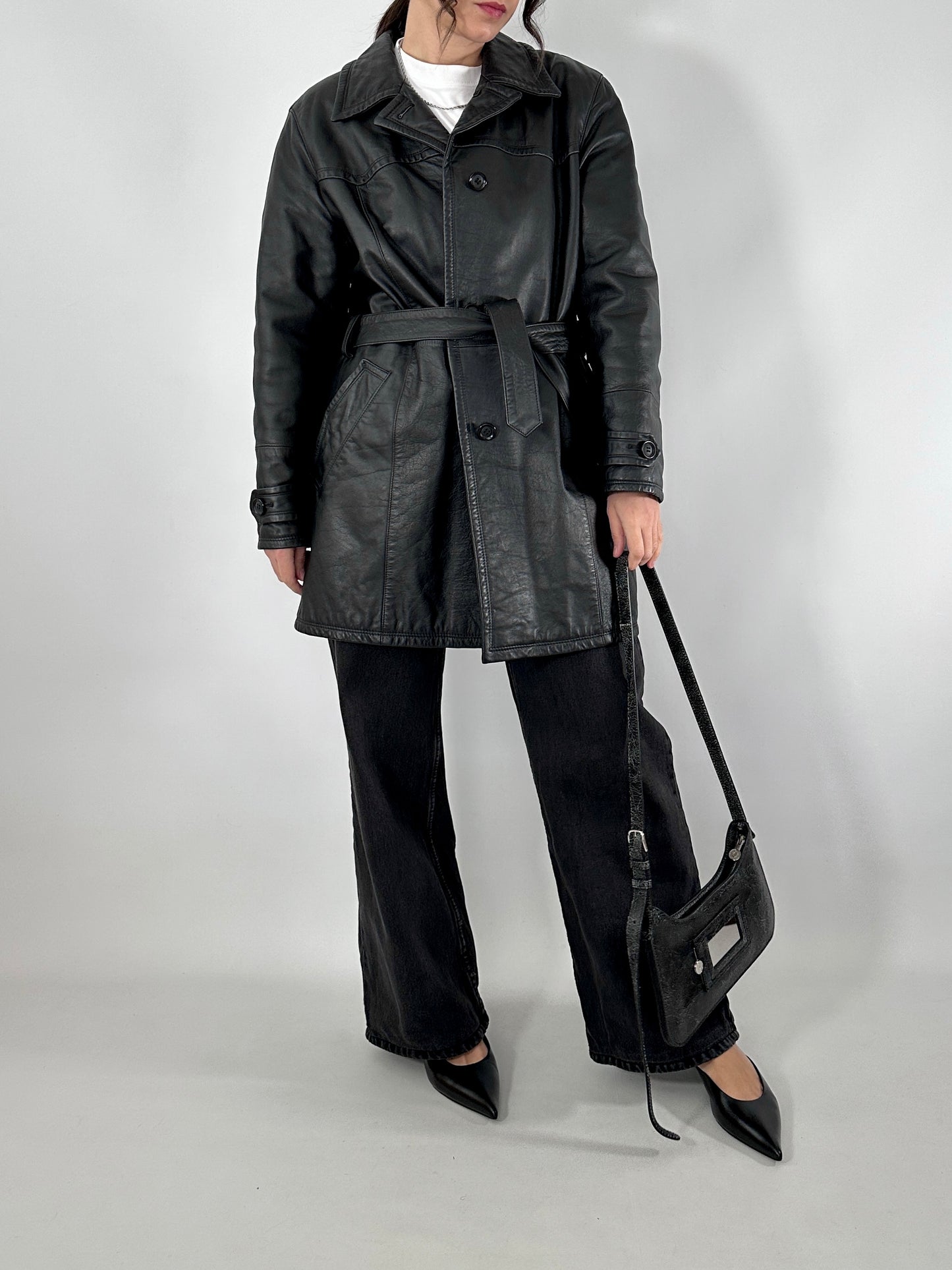 Short leather trench coat