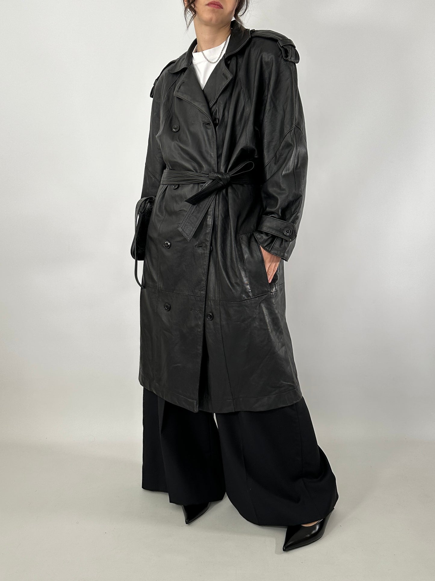 Genuine leather 80s trench coat