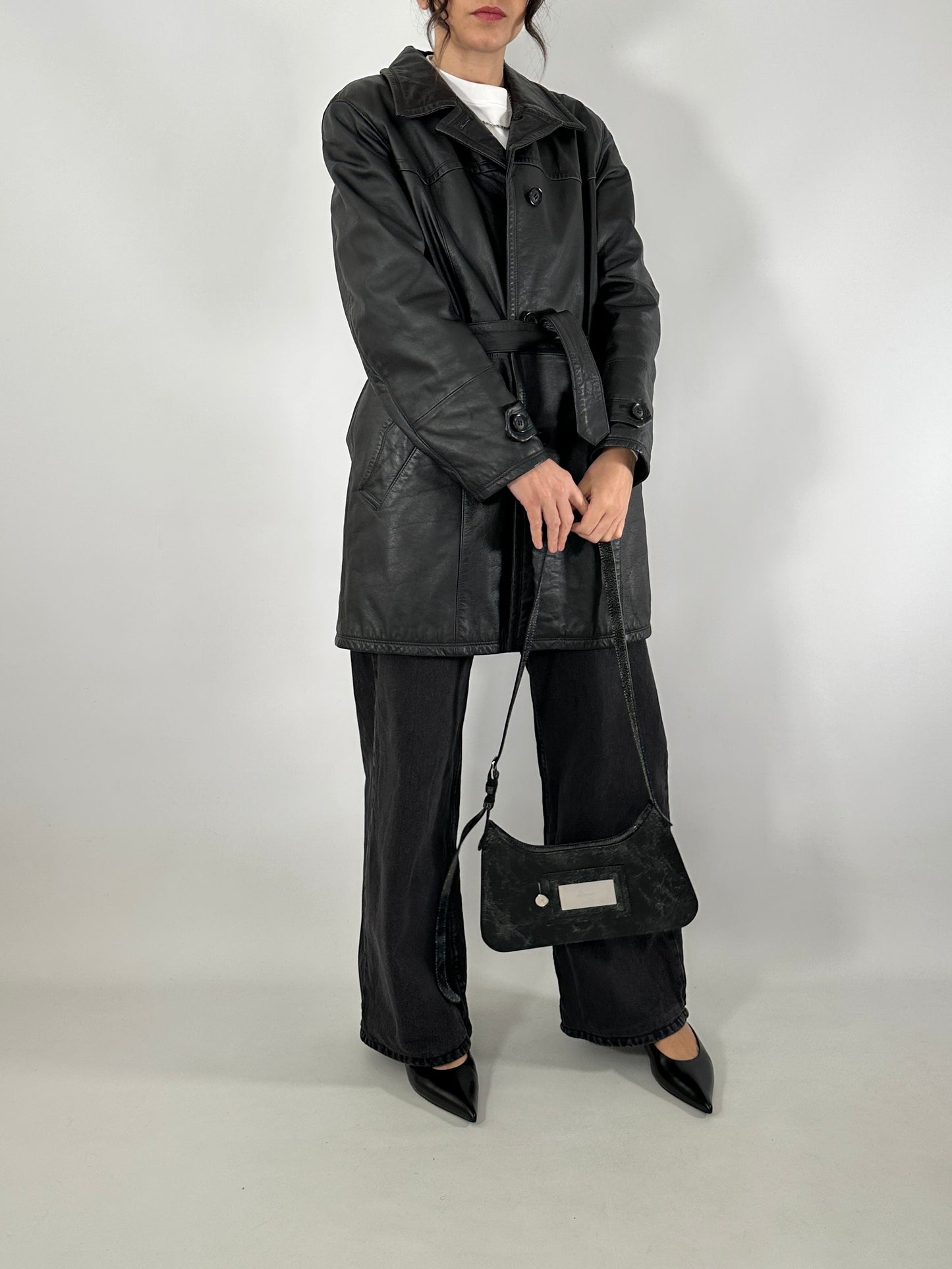 Short leather trench coat