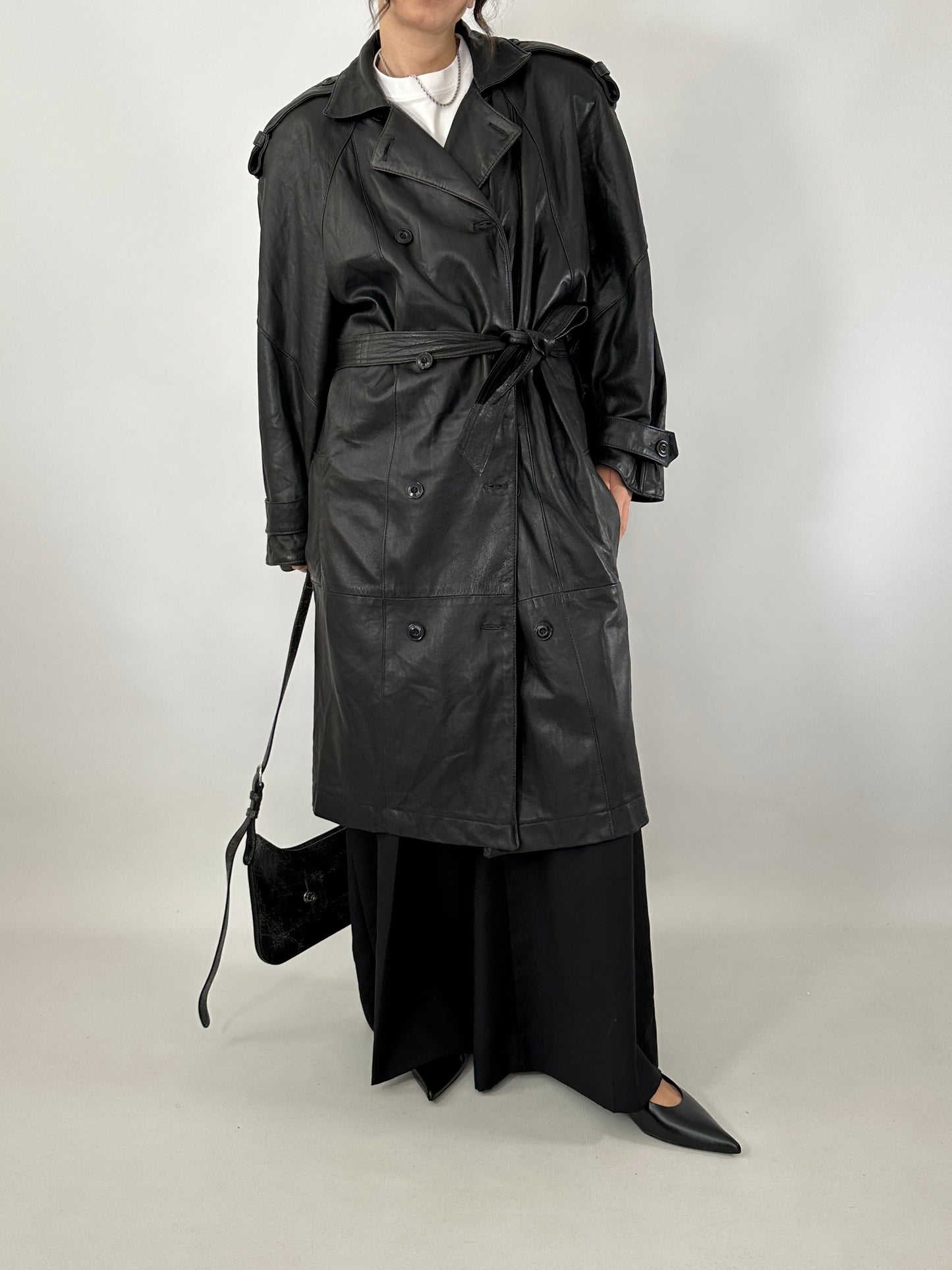 Genuine leather 80s trench coat