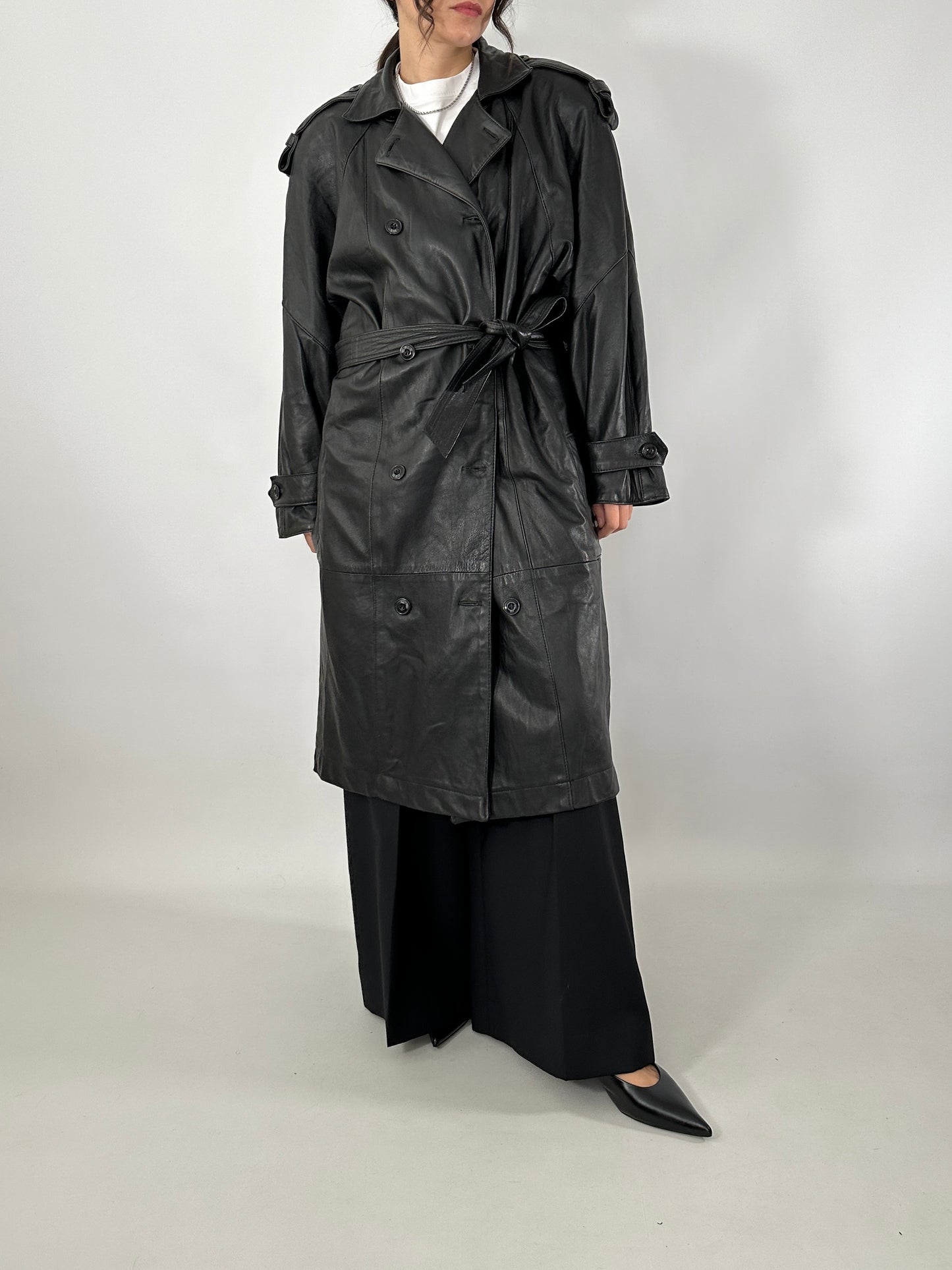 Genuine leather 80s trench coat