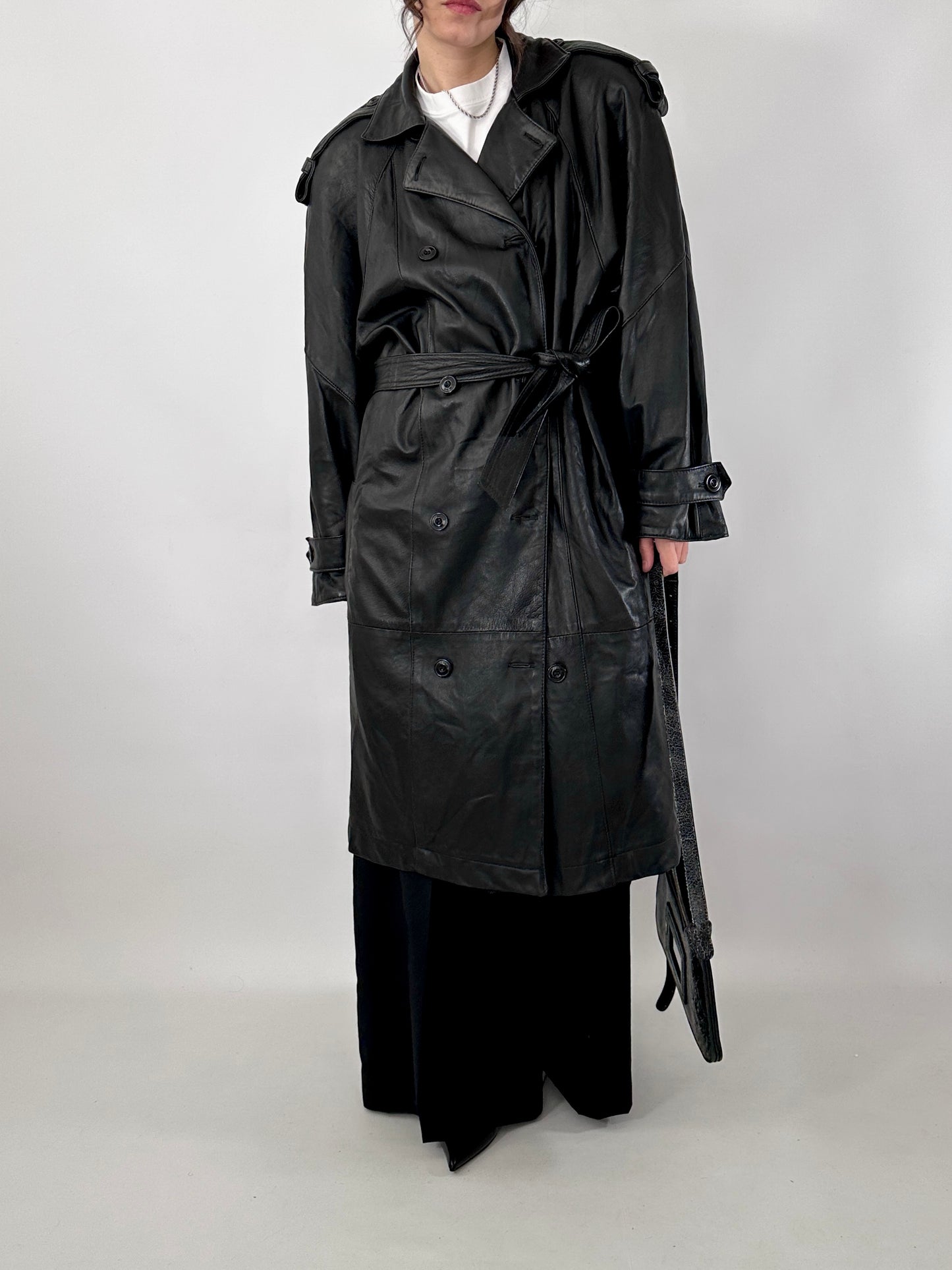 Genuine leather 80s trench coat