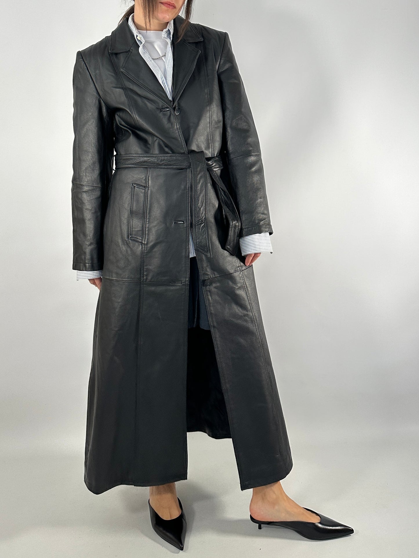 Extra-long real leather trench coat