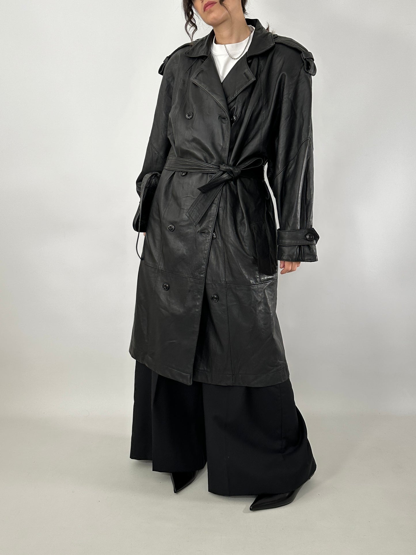 Genuine leather 80s trench coat