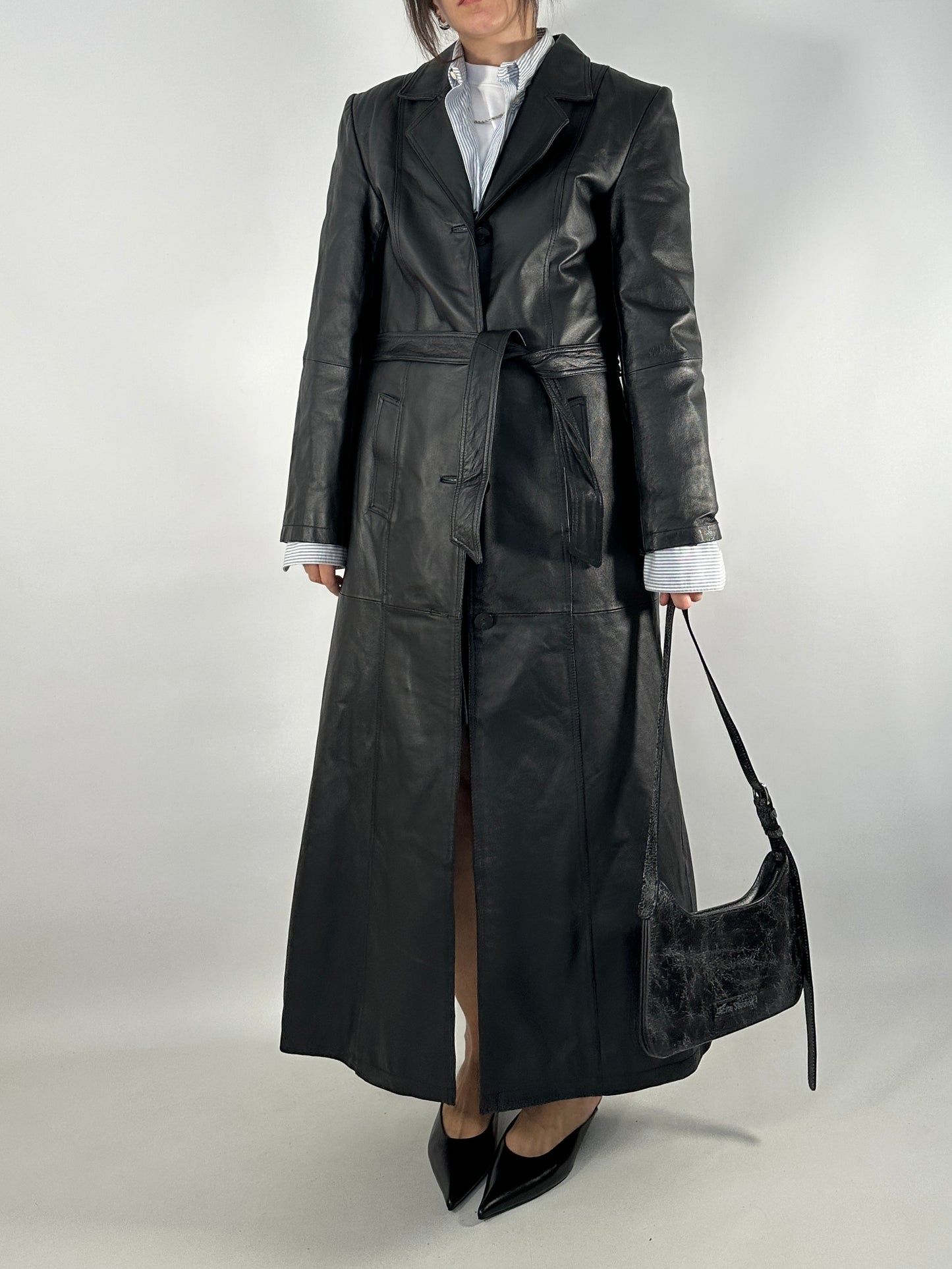 Extra-long real leather trench coat