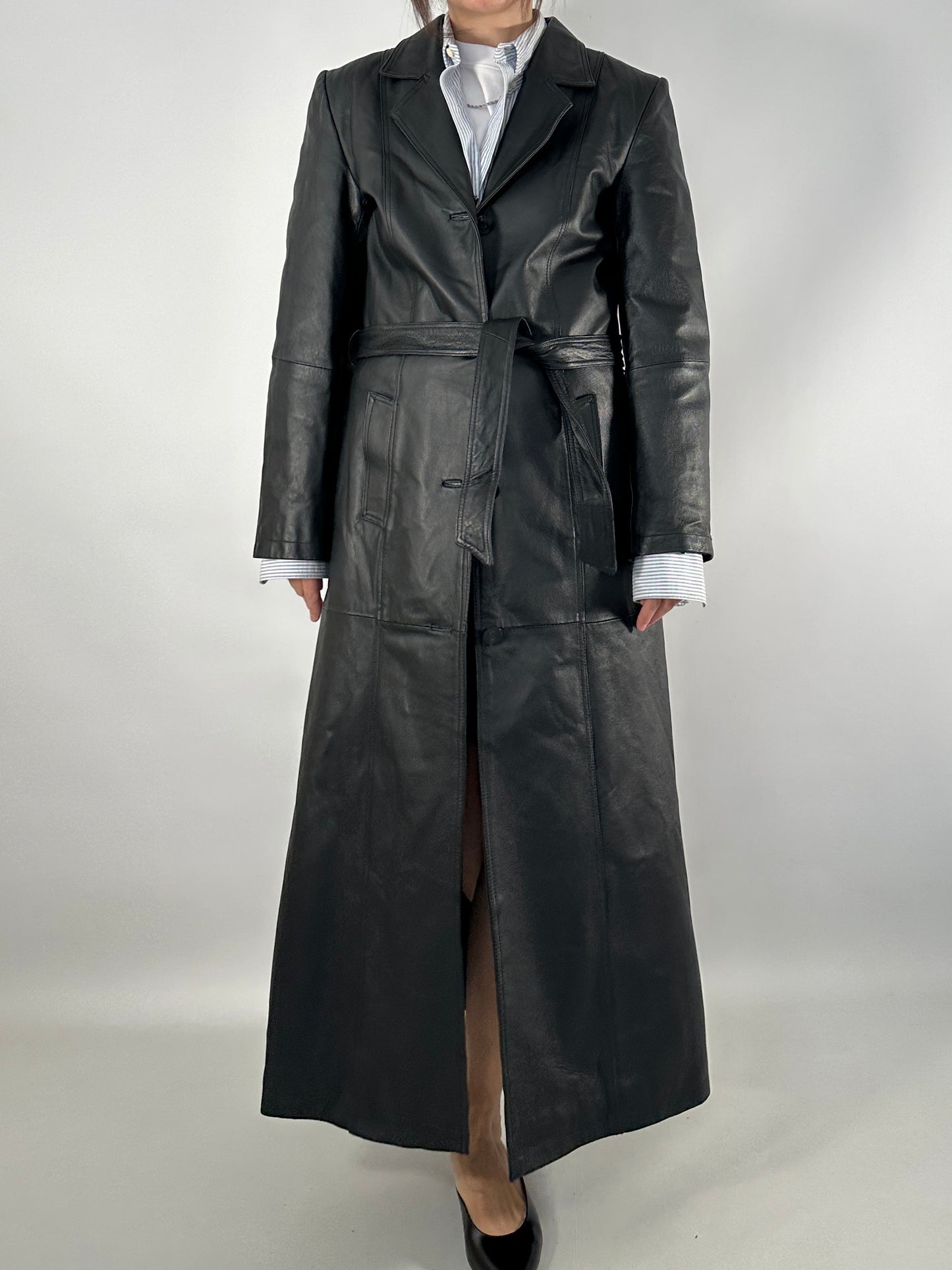 Extra-long real leather trench coat