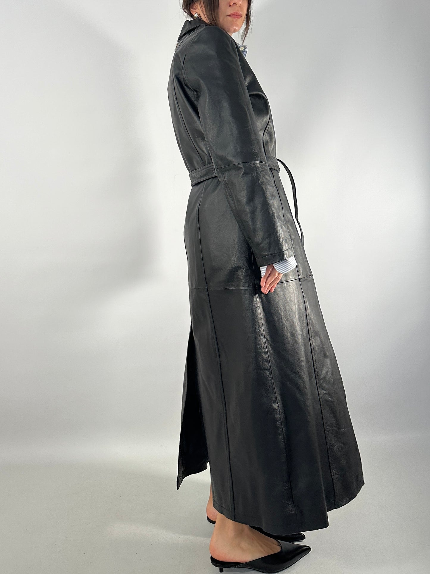 Extra-long real leather trench coat