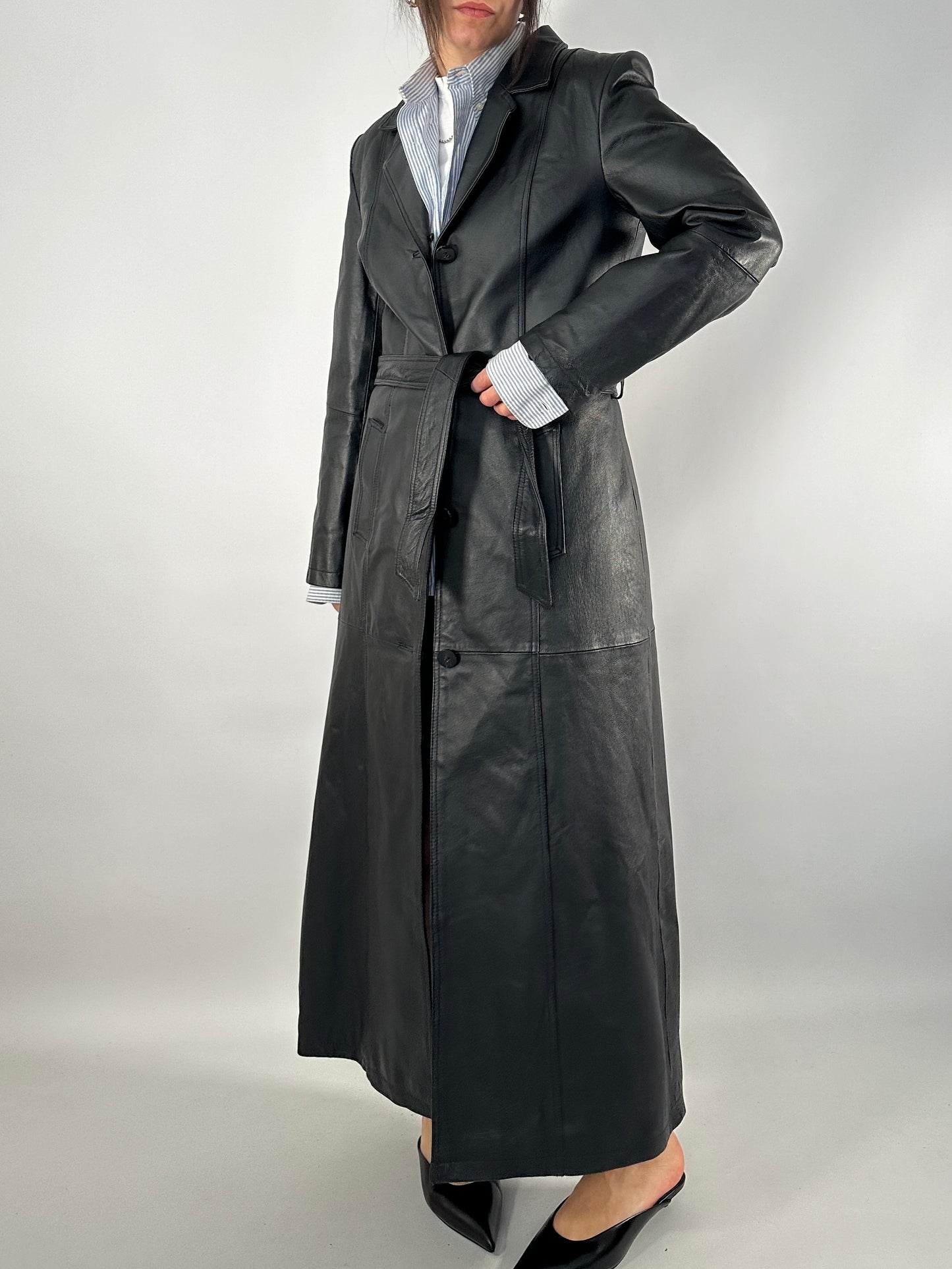 Extra-long real leather trench coat