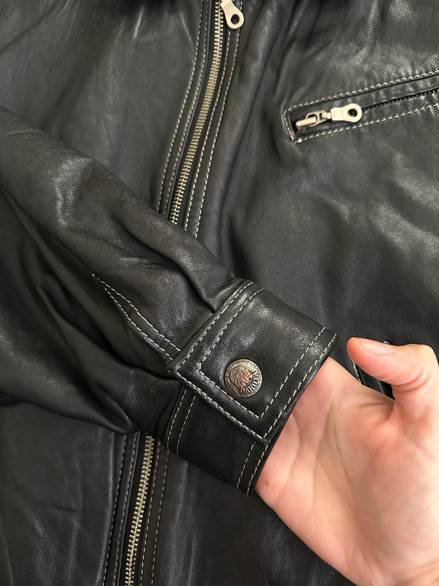 Genuine leather harrington jacket with contrast stitching
