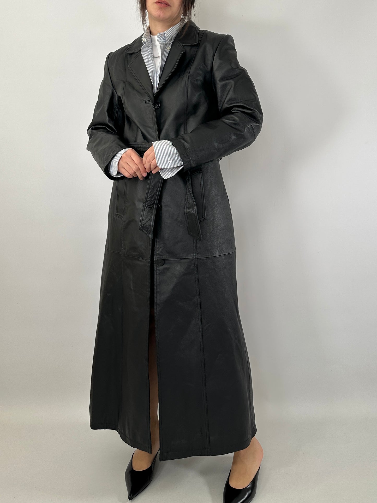 Extra-long real leather trench coat