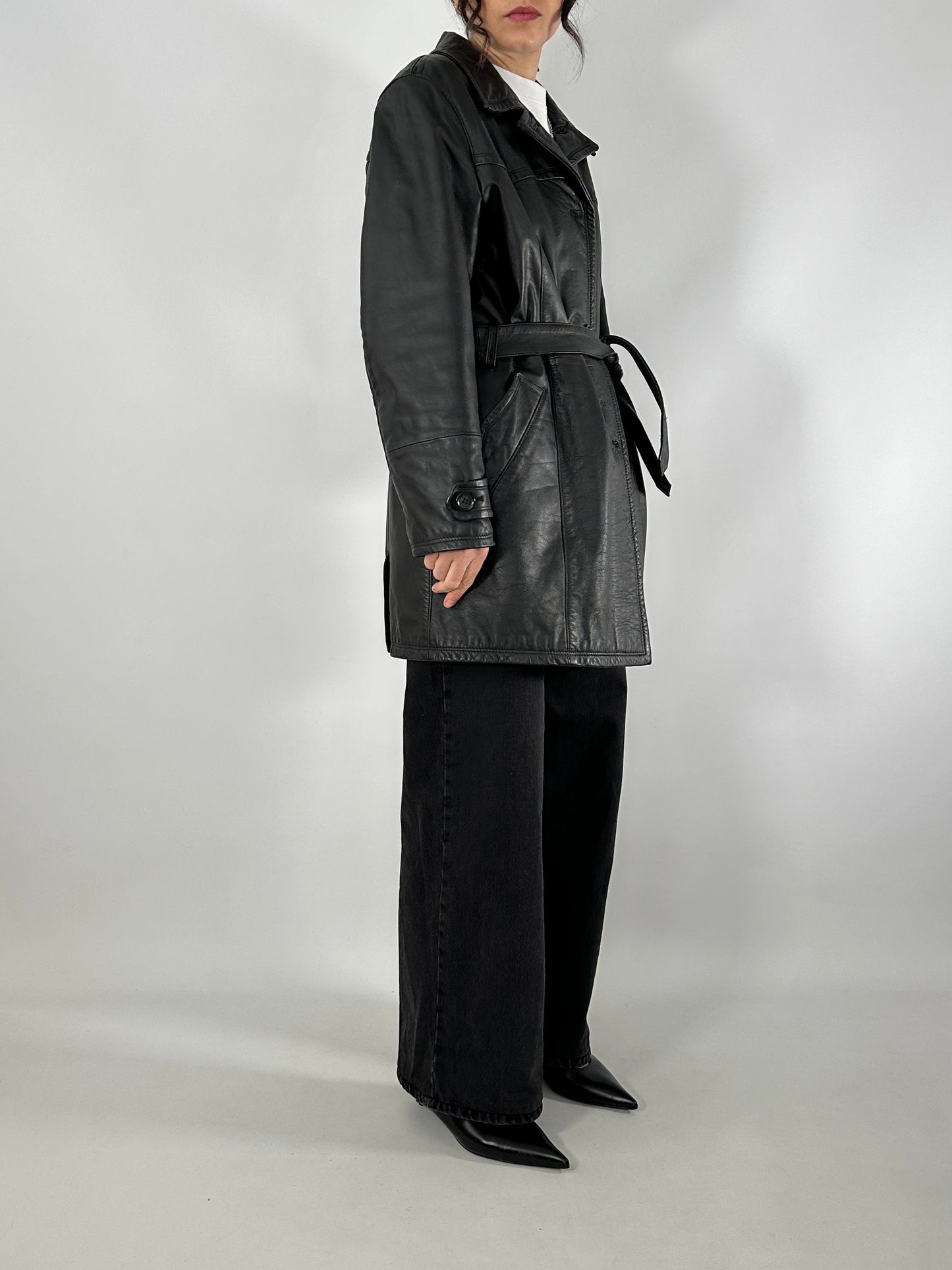 Short leather trench coat