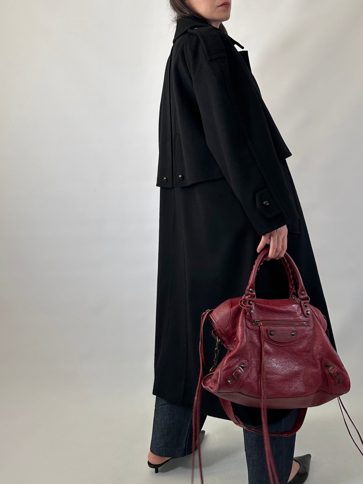 Vintage black wool coat with cape detail