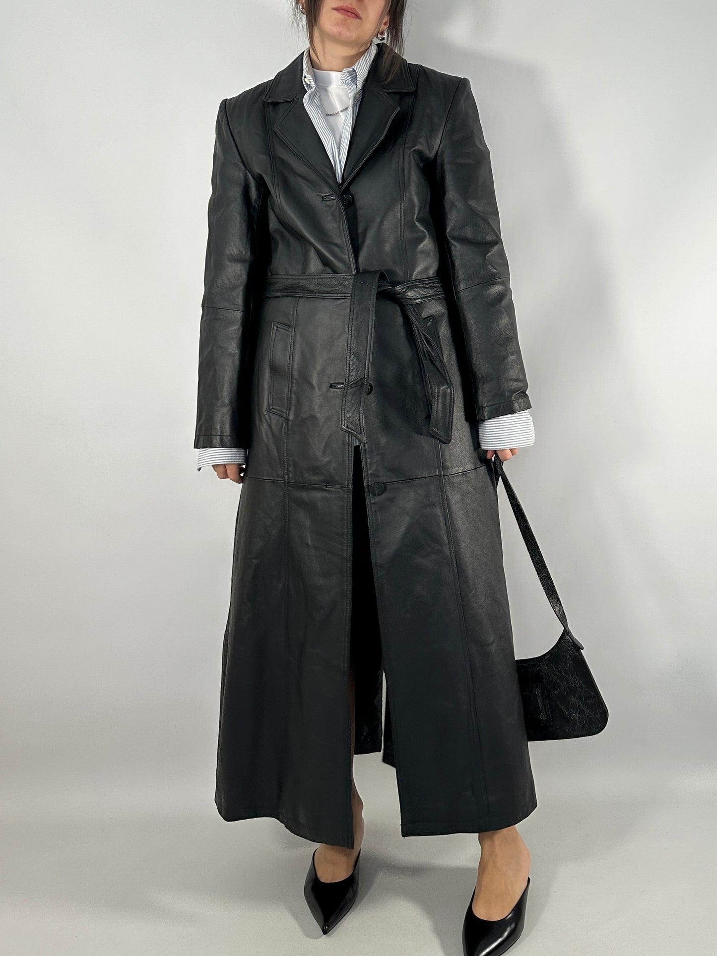 Extra-long real leather trench coat