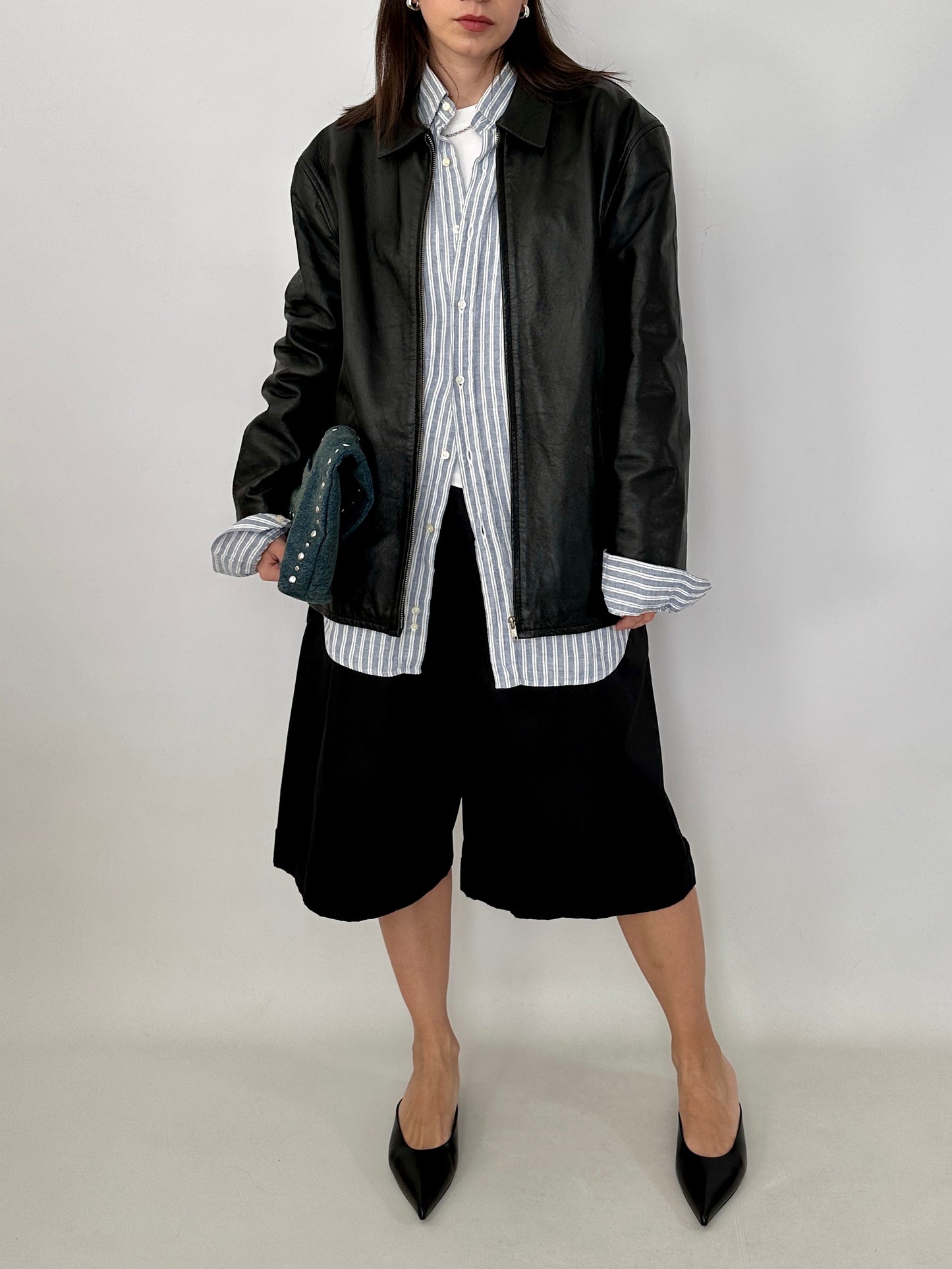 Relaxed fit leather zipped jacket