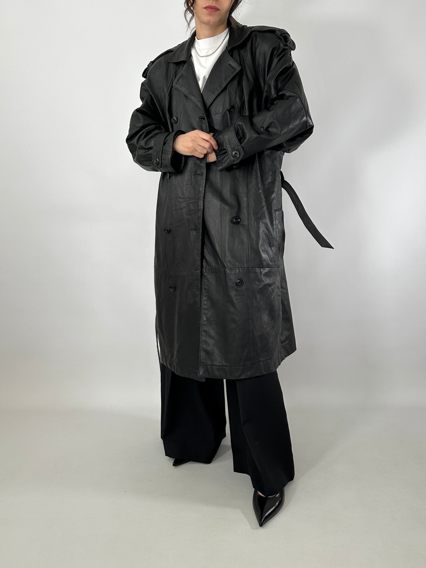 Genuine leather 80s trench coat