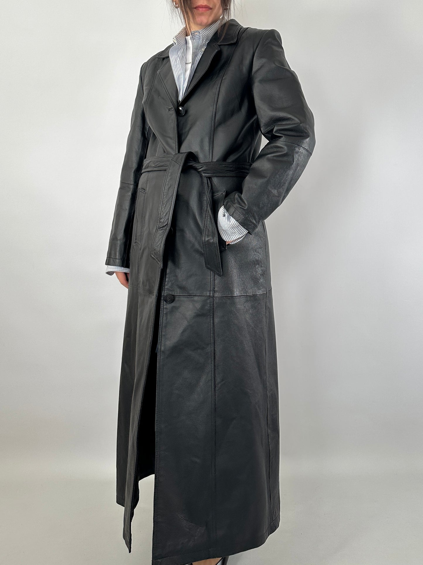 Extra-long real leather trench coat