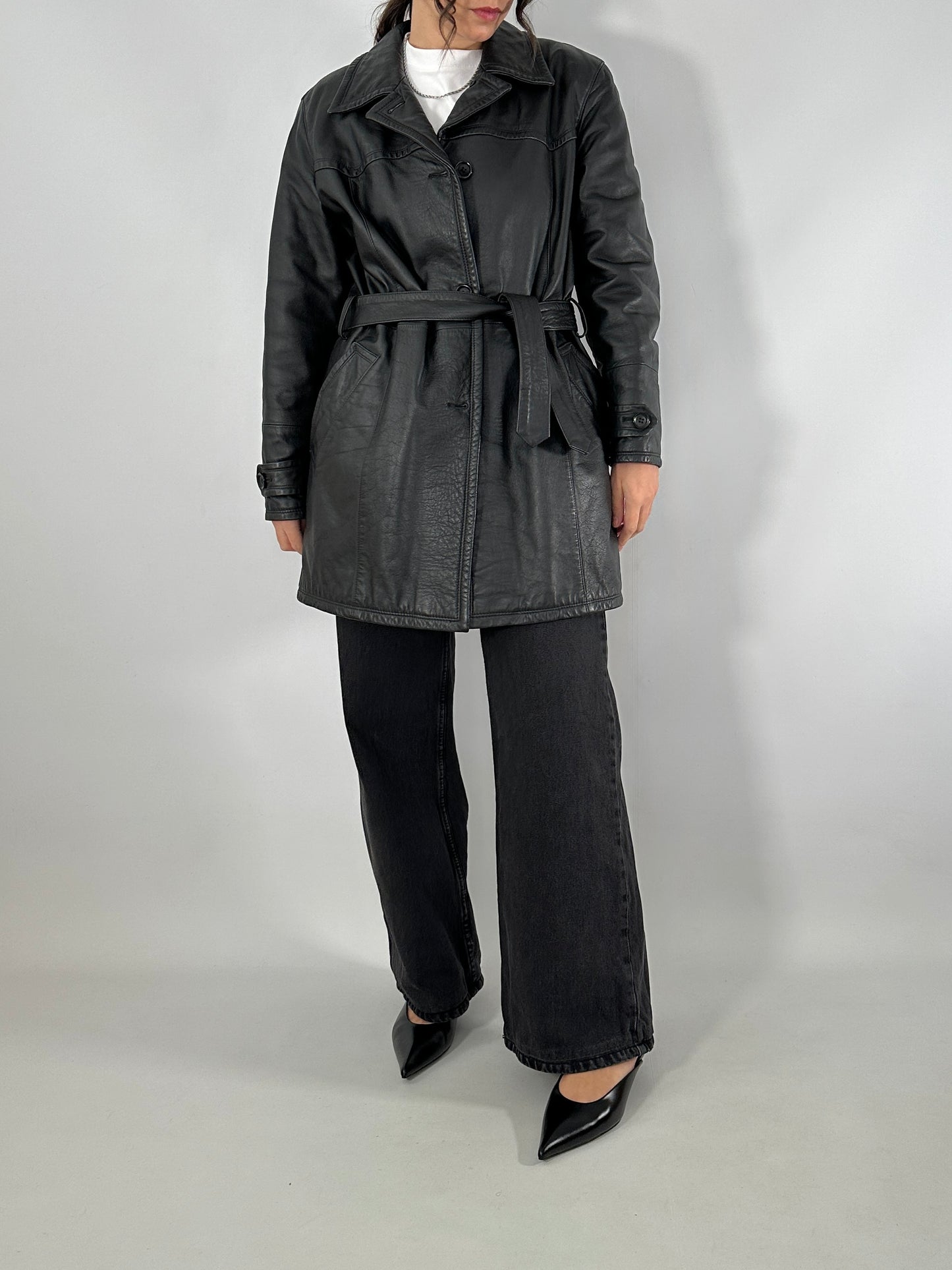 Short leather trench coat