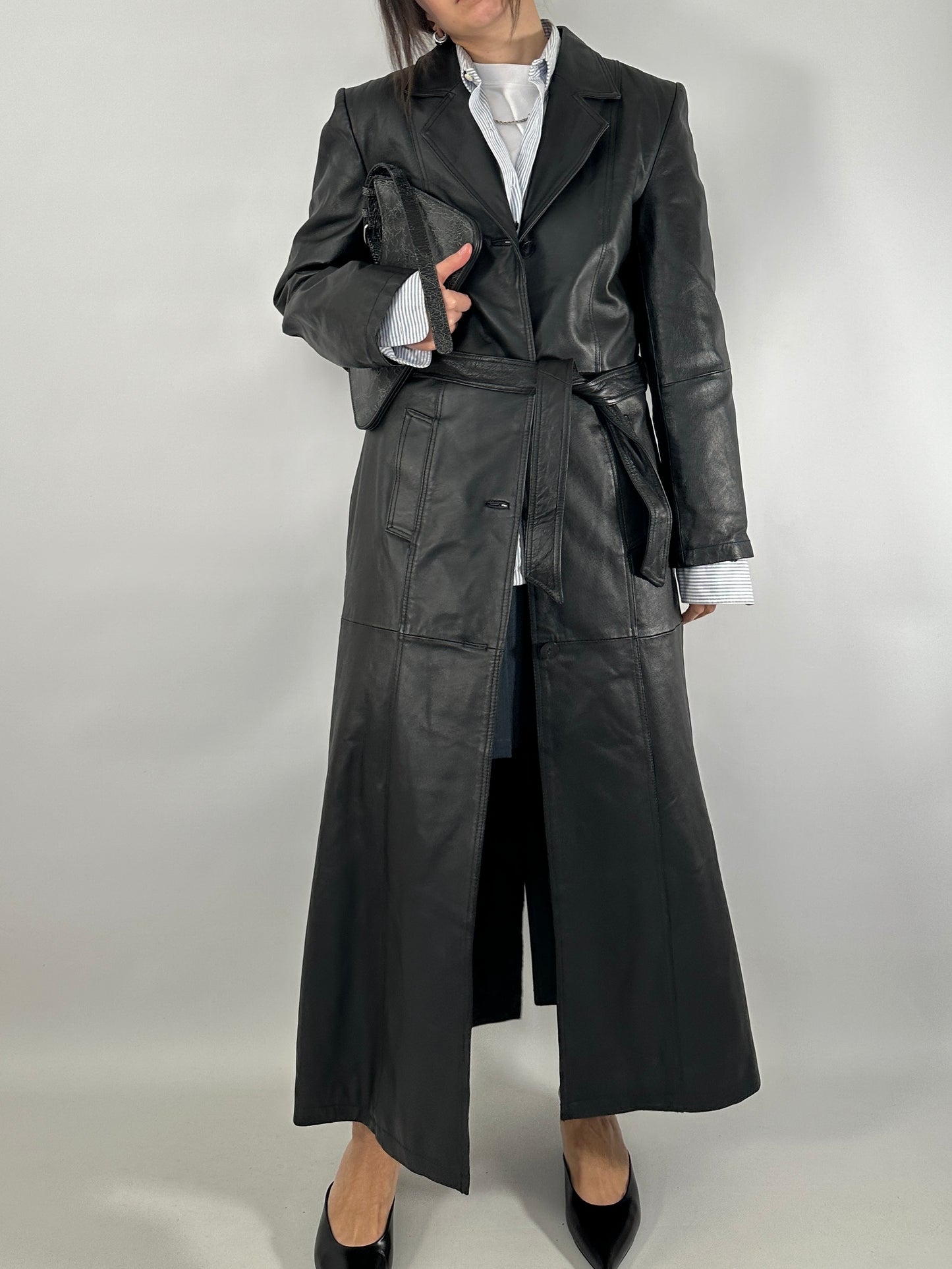 Extra-long real leather trench coat