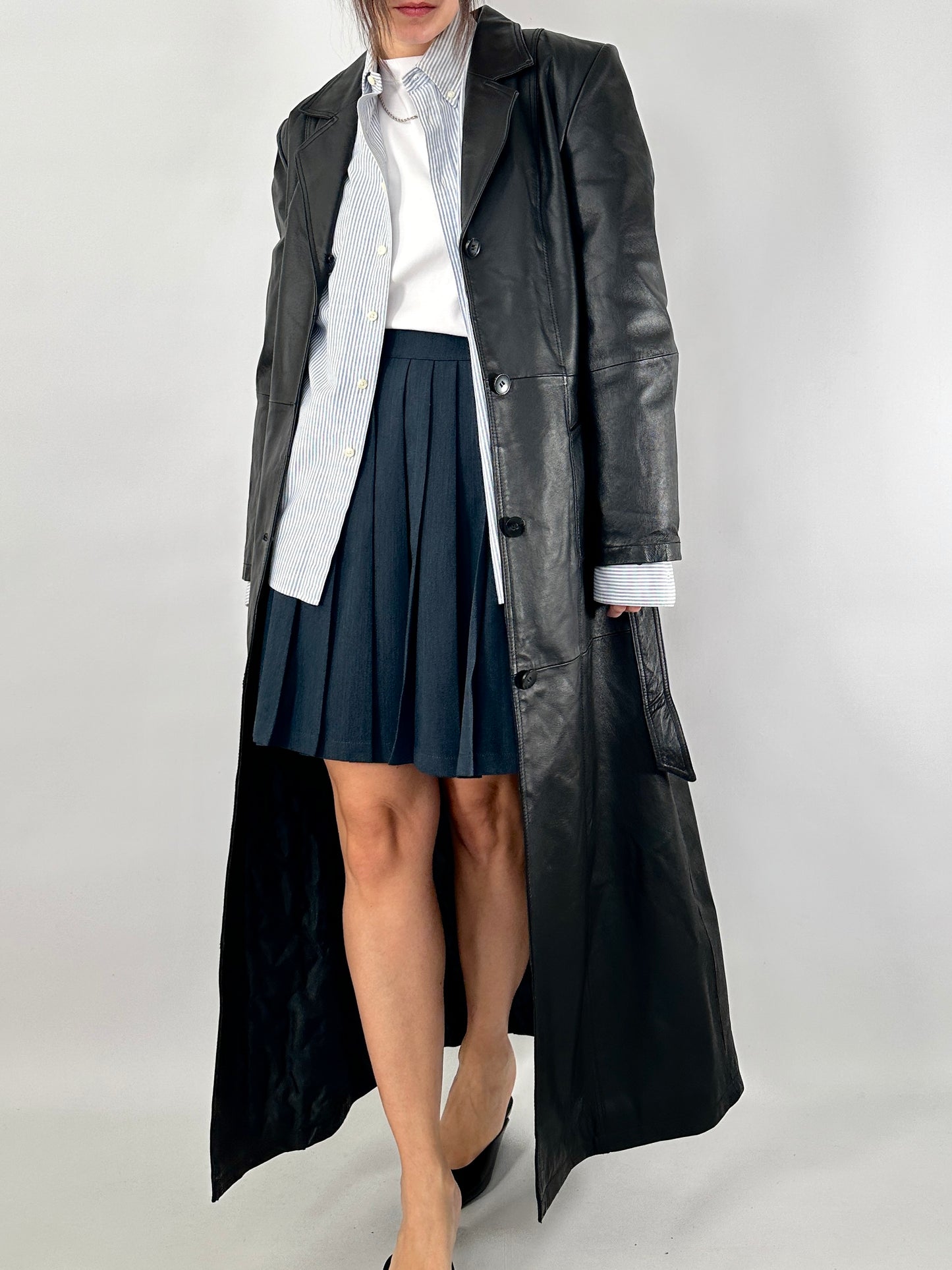 Extra-long real leather trench coat
