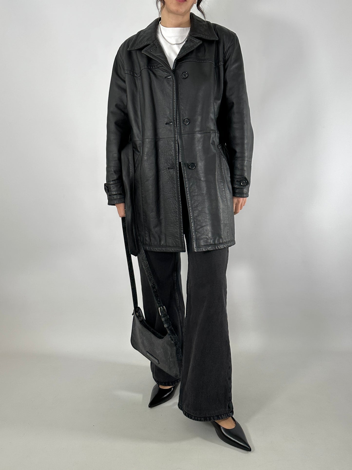 Short leather trench coat