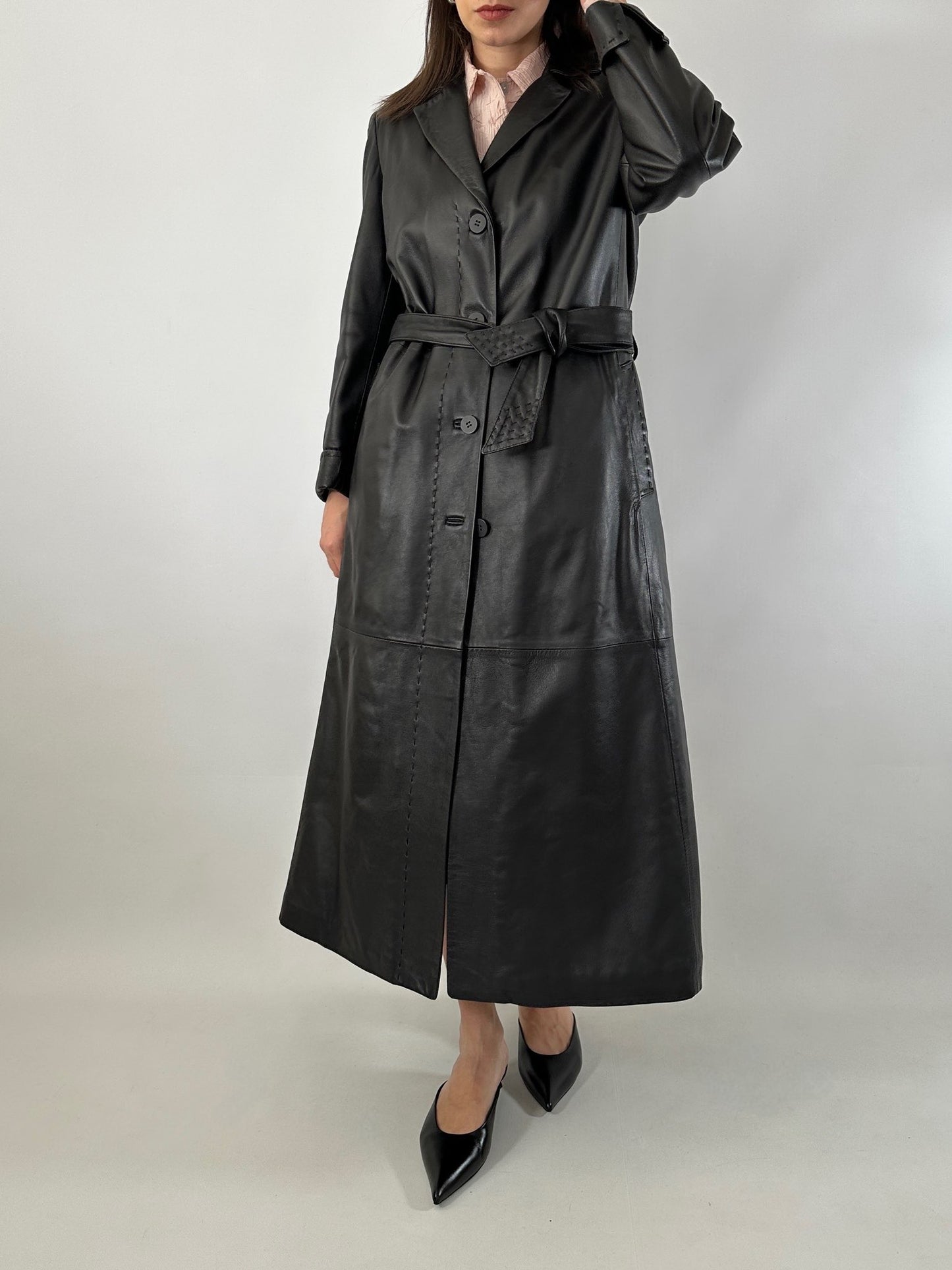 Extra-long nappa leather vintage trench coat