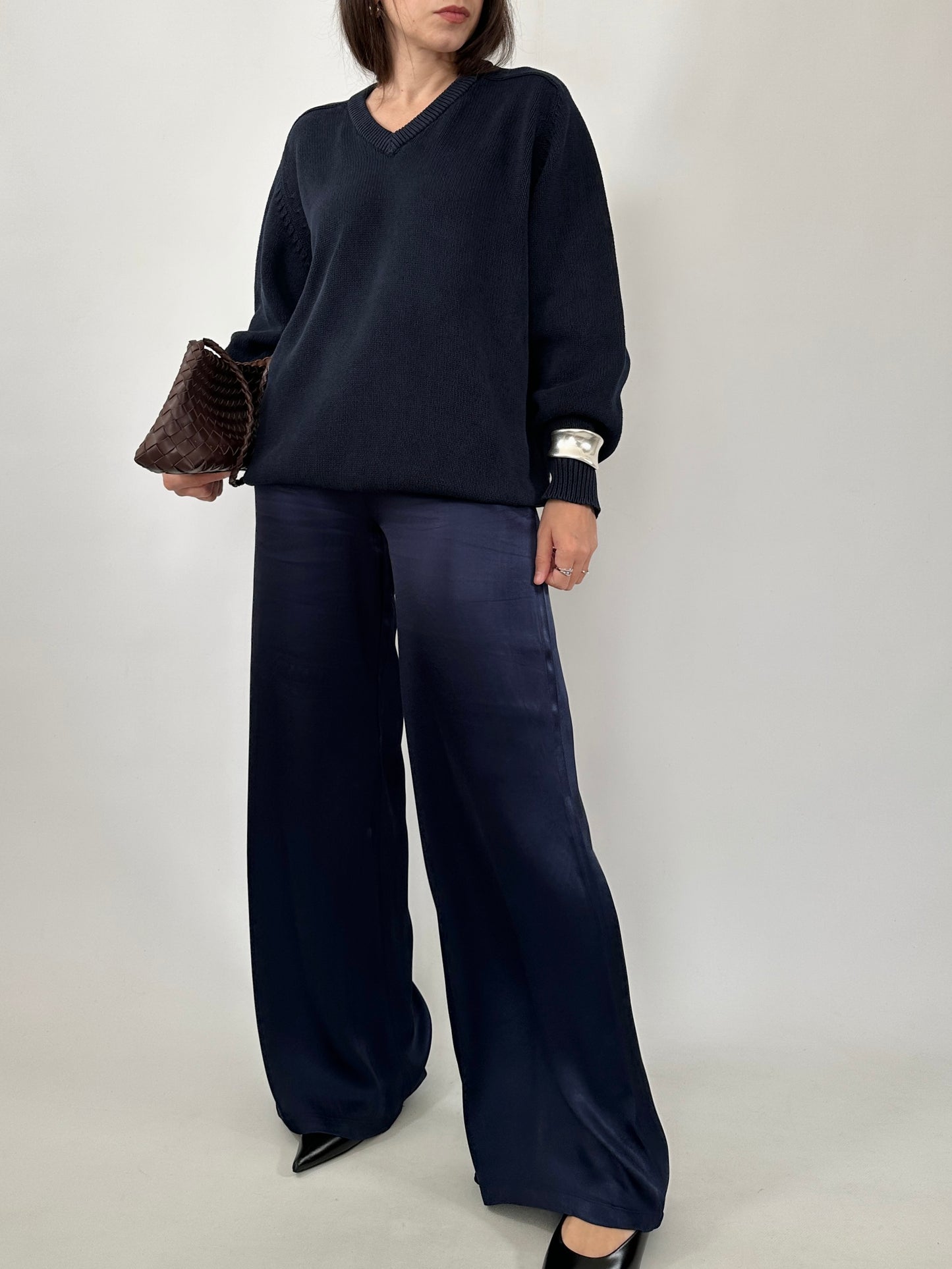 Navy Cotton V-Neck Sweater