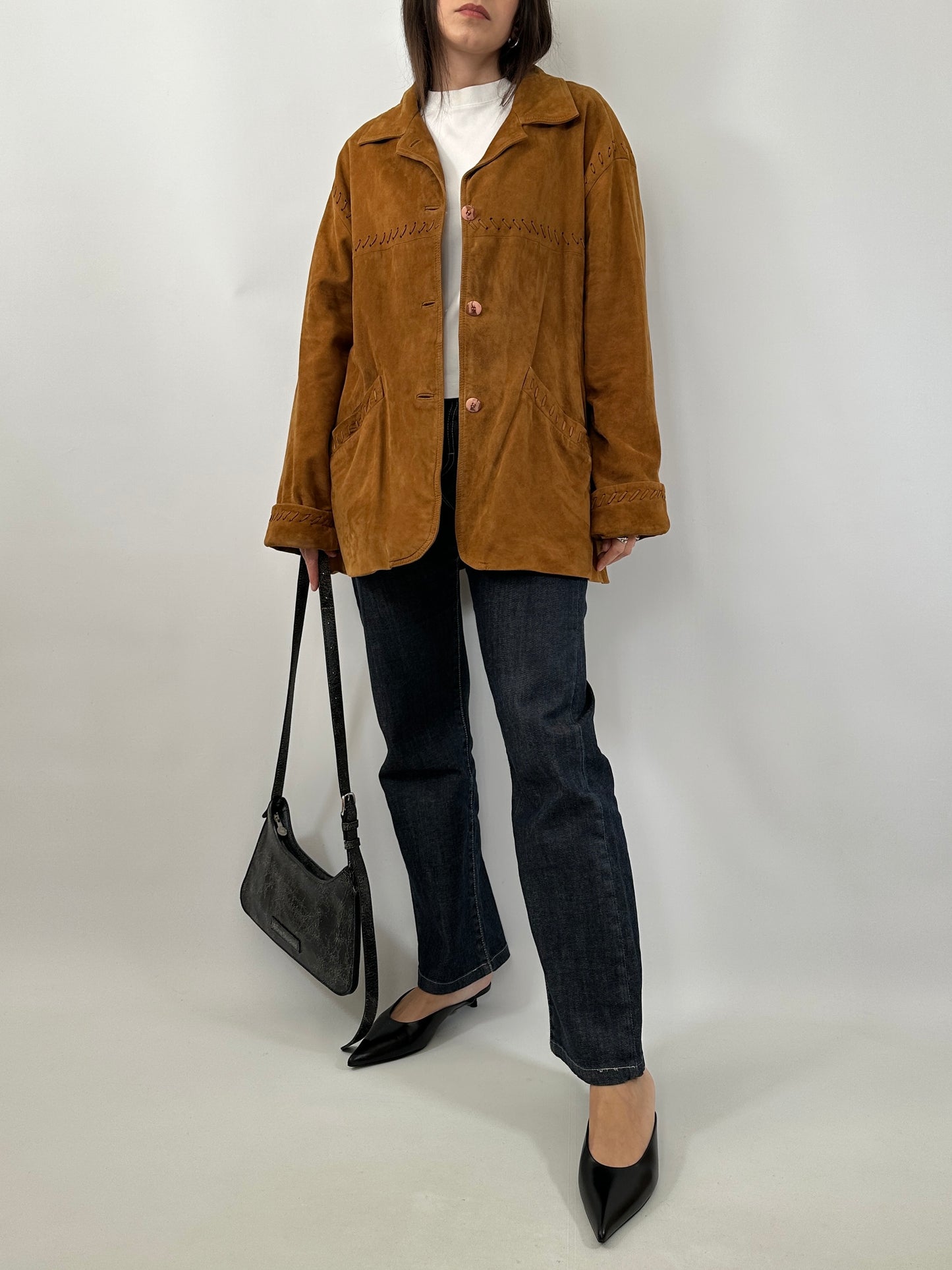 Vintage Suede Jacket with Cross-Stitch Details