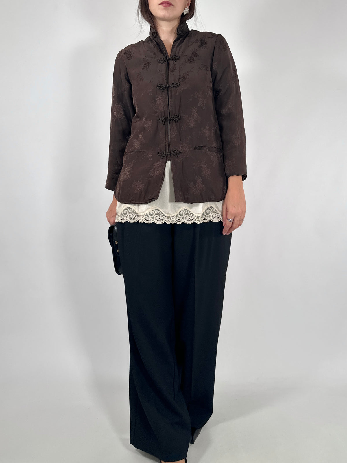 Brown Silk Jacquard Mandarin Jacket