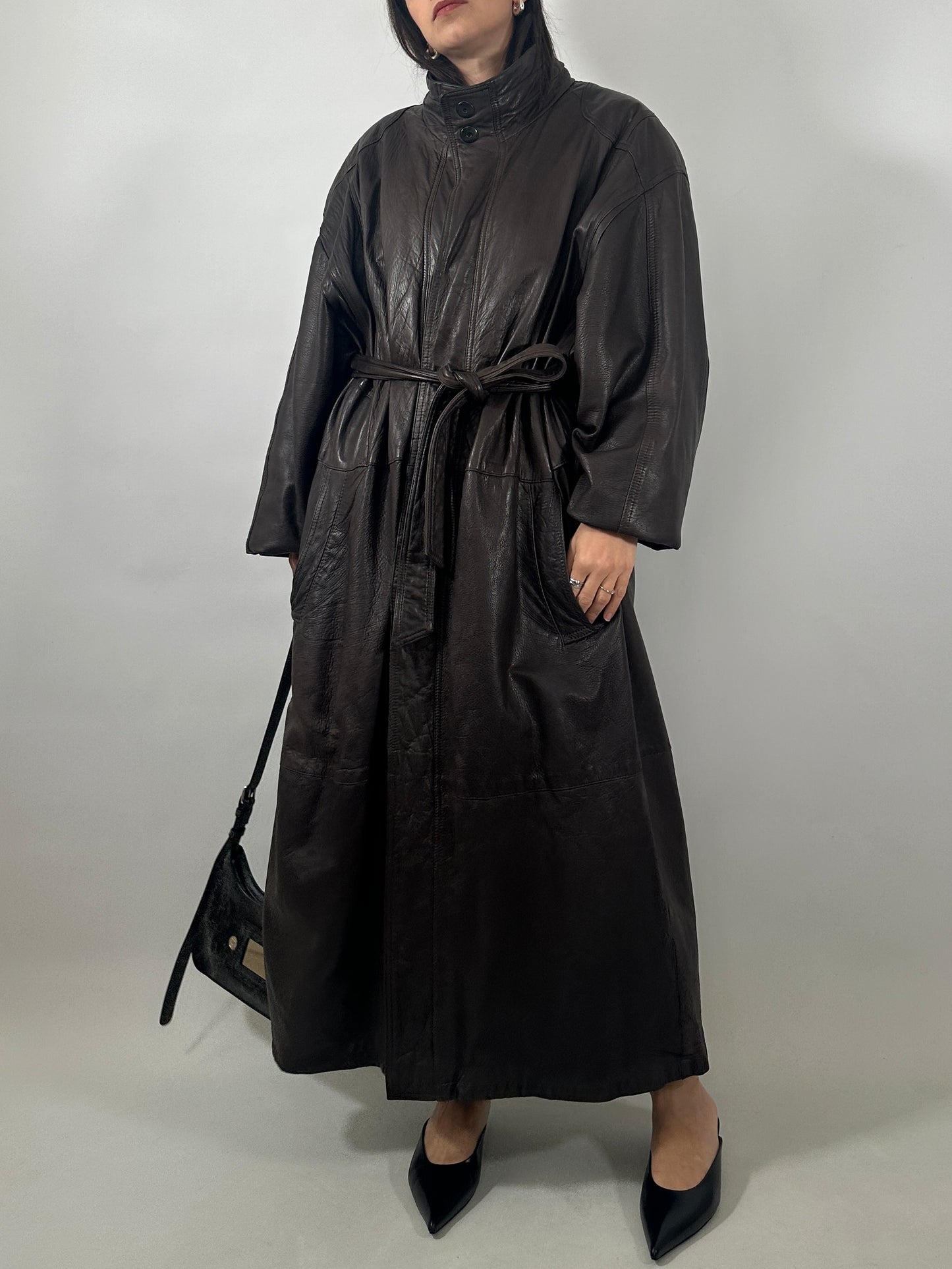 Vintage Soft Leather Funnel Neck Coat