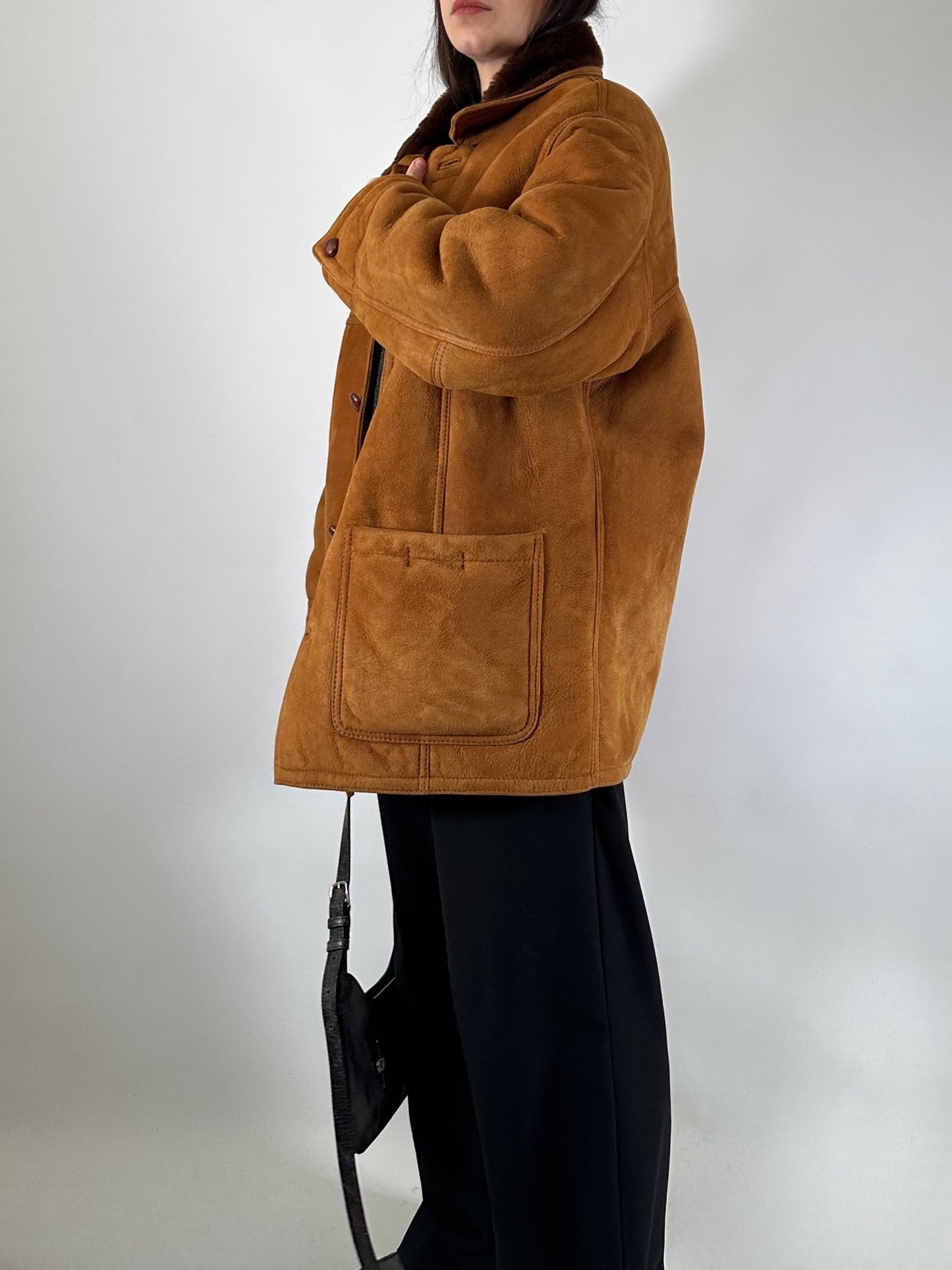 Vintage shearling coat in soft suede leather