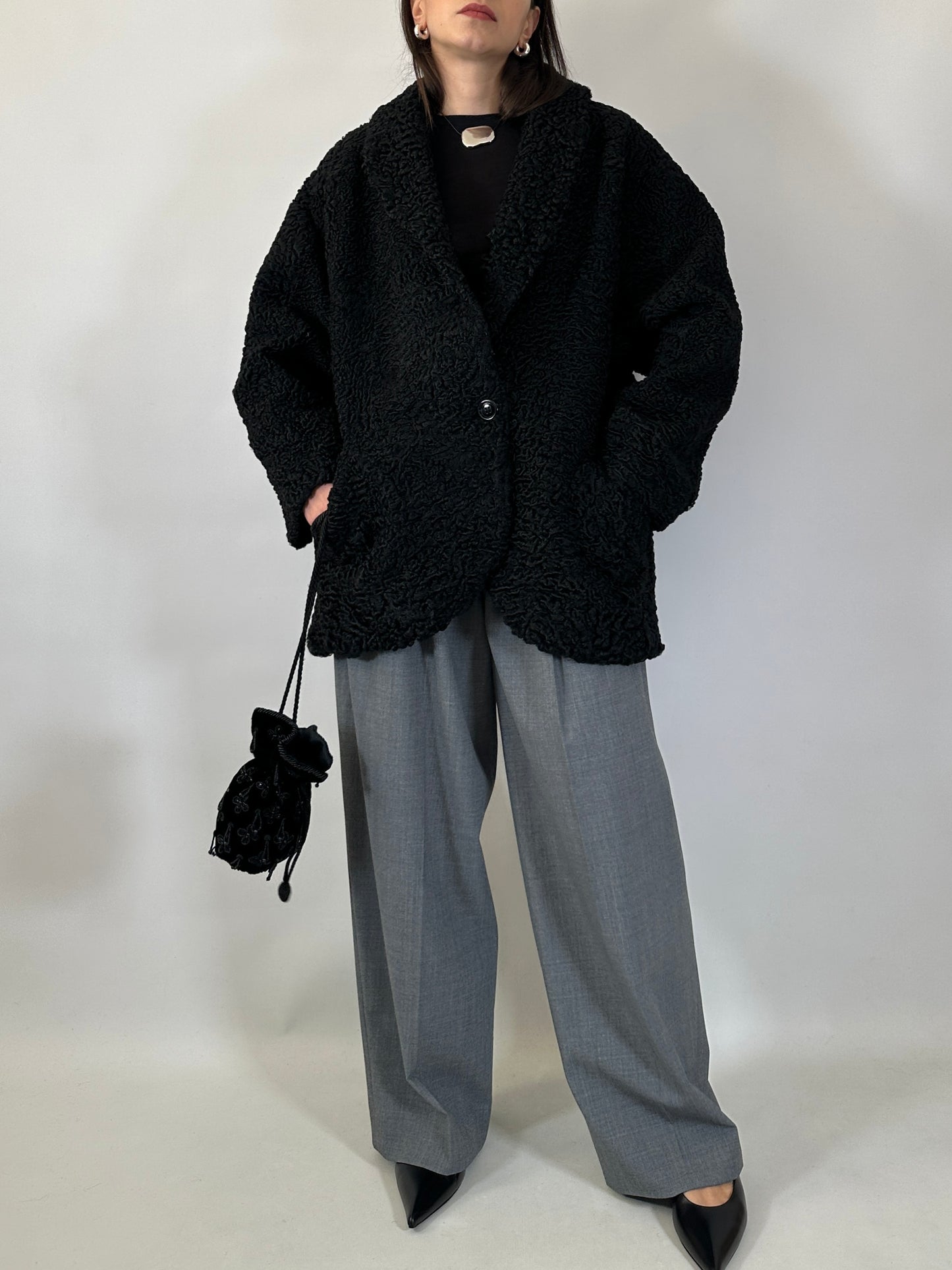Vintage Black Astrakhan Caban Coat