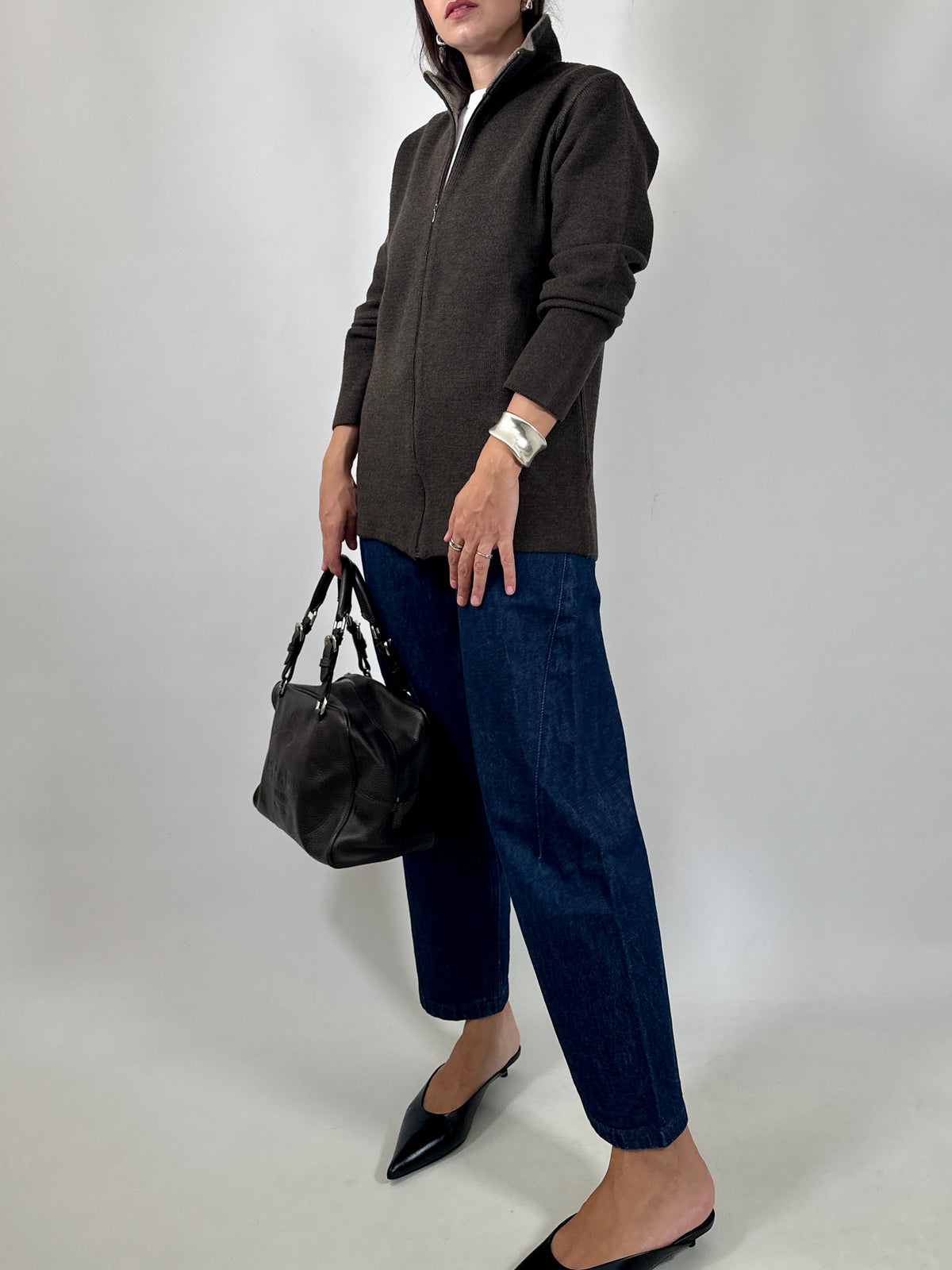Brown Zip-Up Knit Cardigan