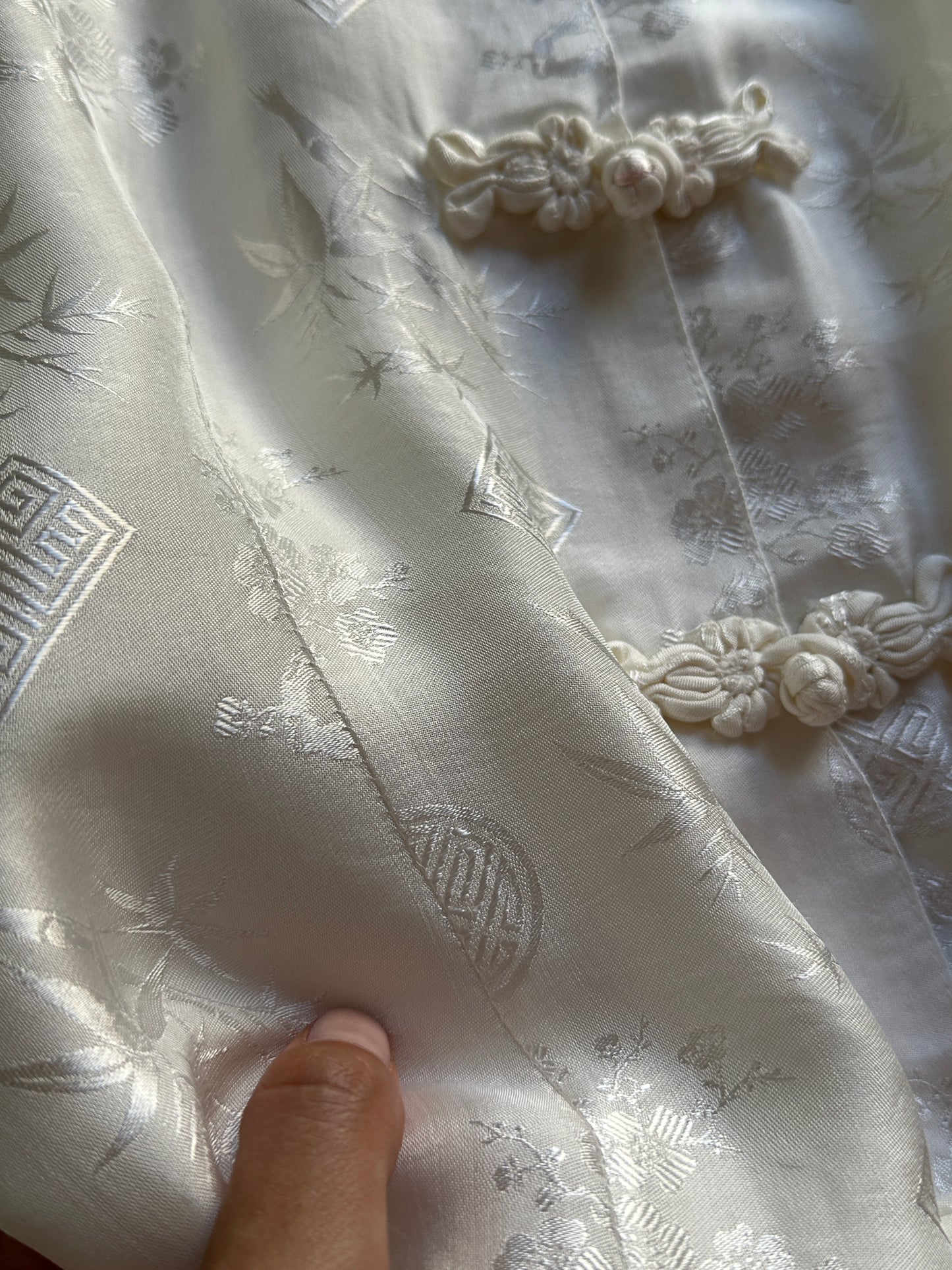 White Silk Jacquard Frog Closure Blouse