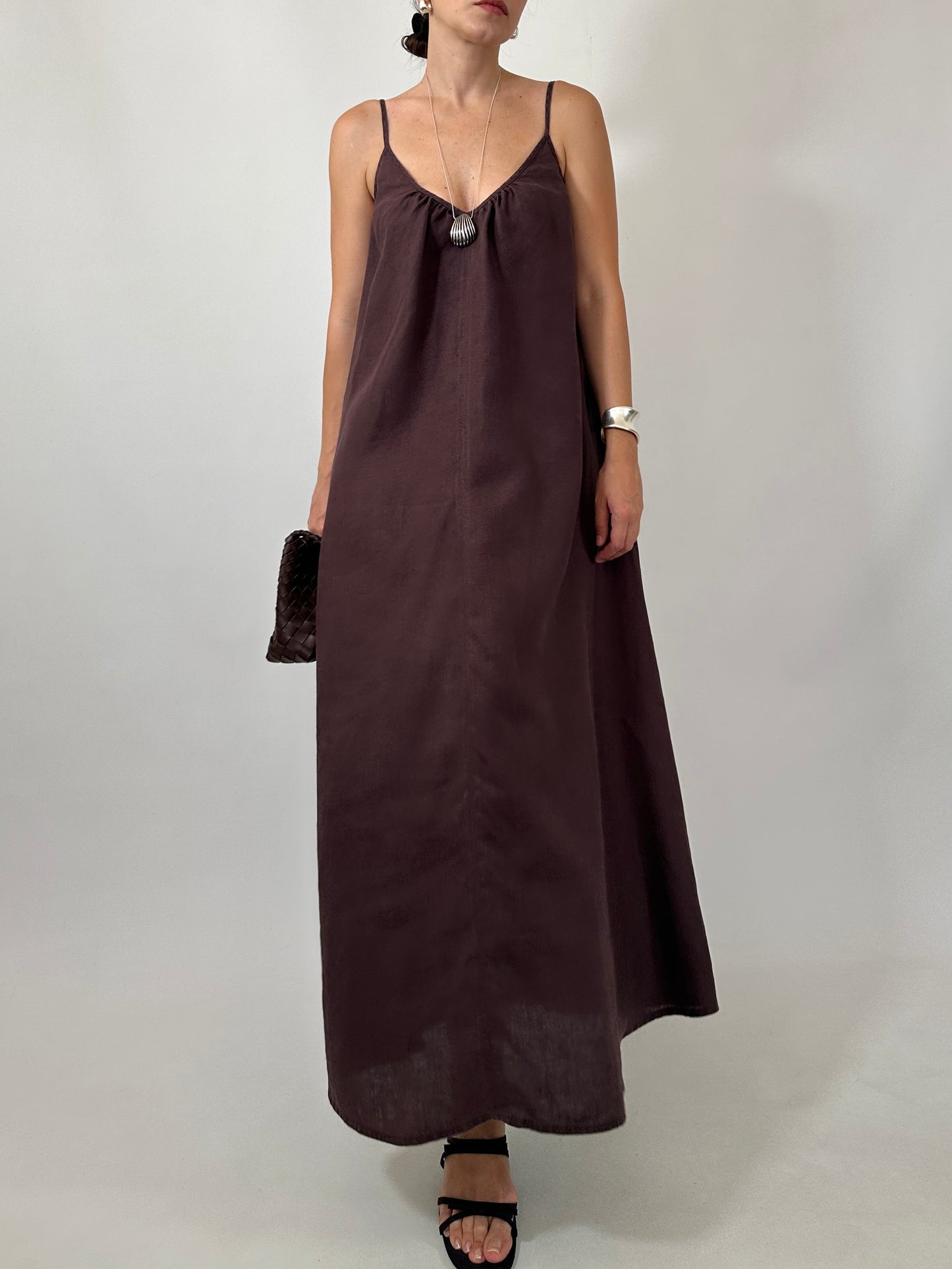 Chocolate Brown 100% Linen Maxi Dress