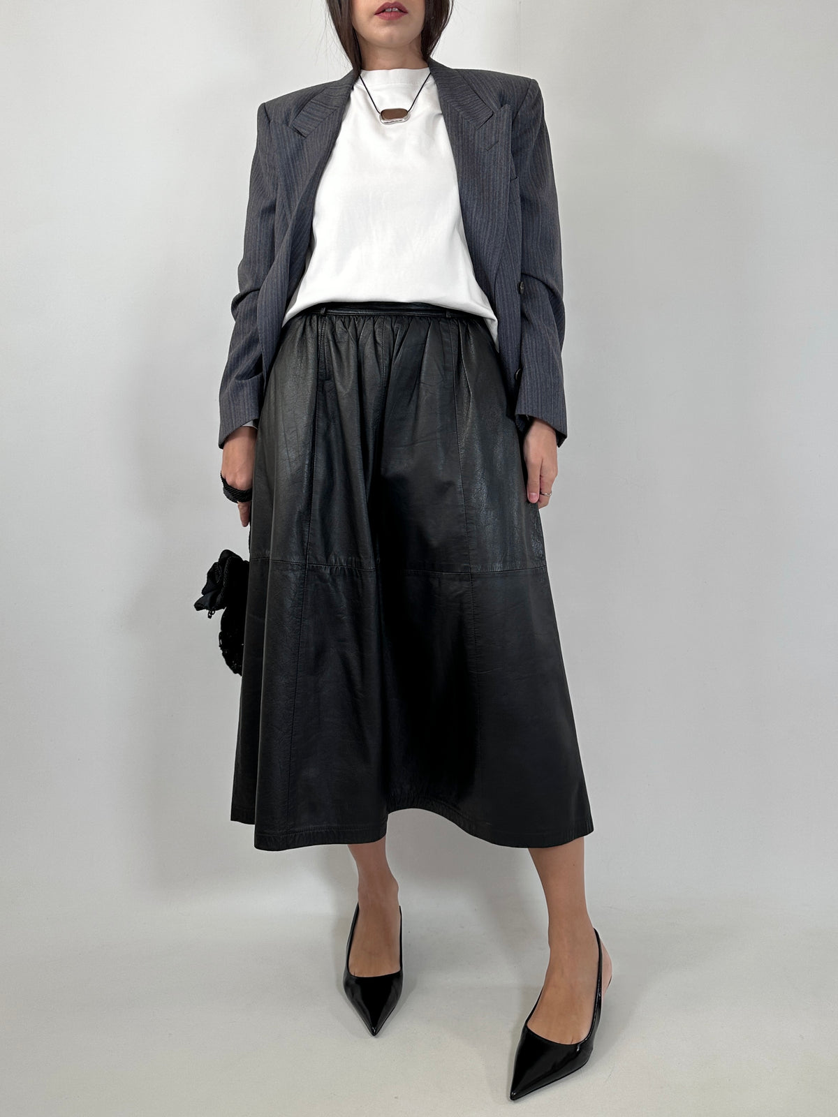 Vintage Black Leather Midi Skirt