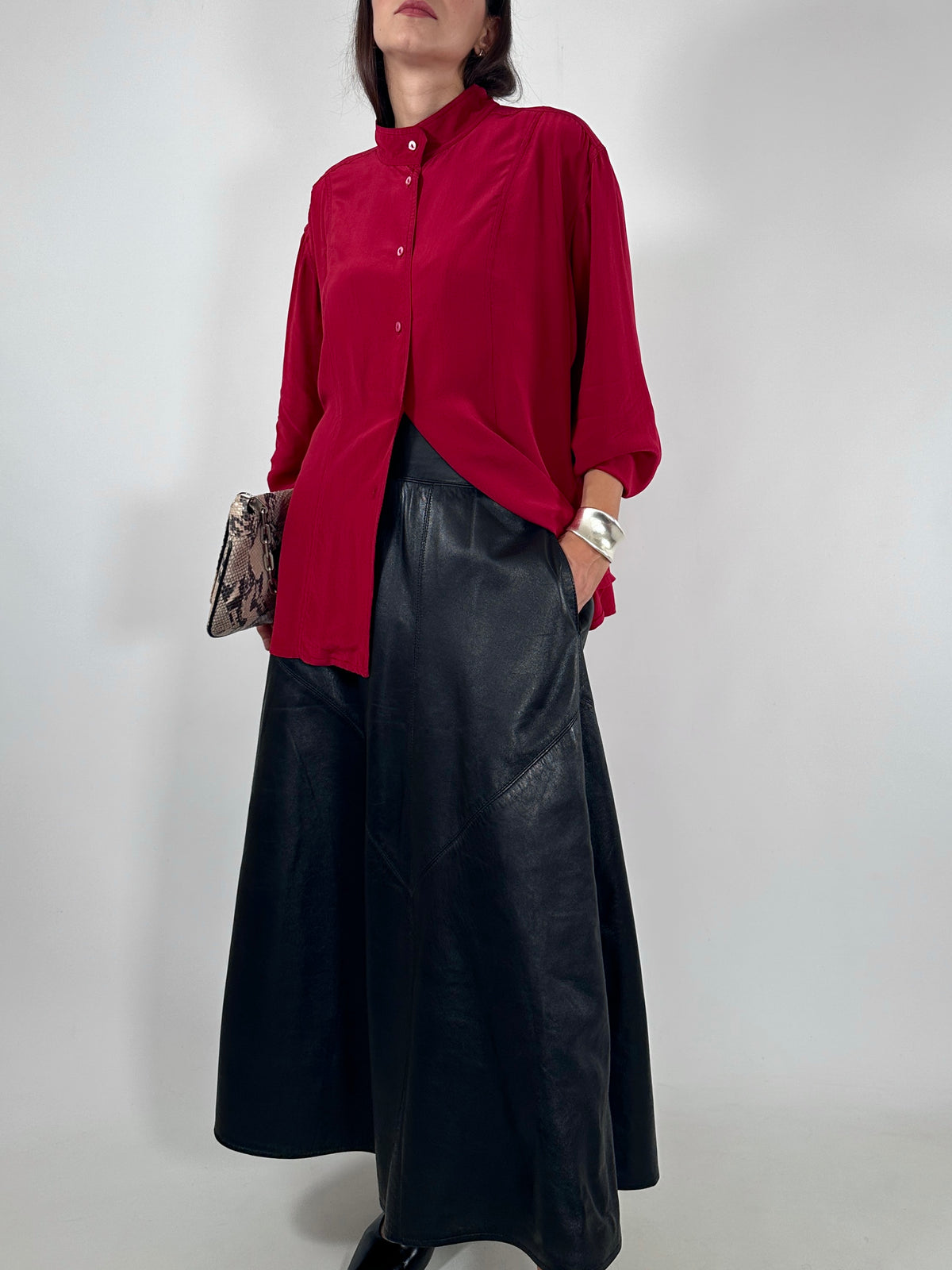 Red Silk Mandarin Collar Shirt