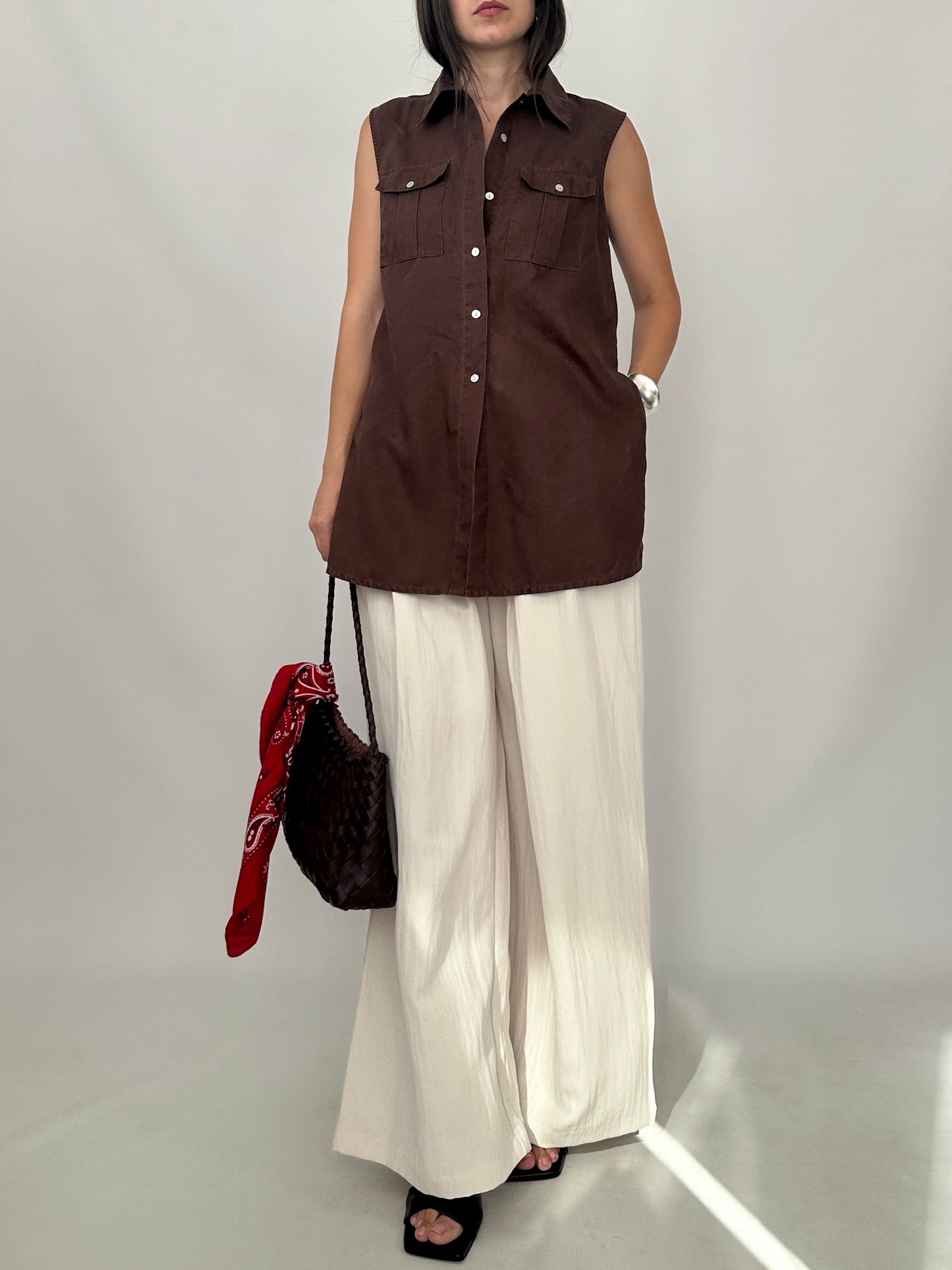 Sleeveless Long Linen Utility Shirt