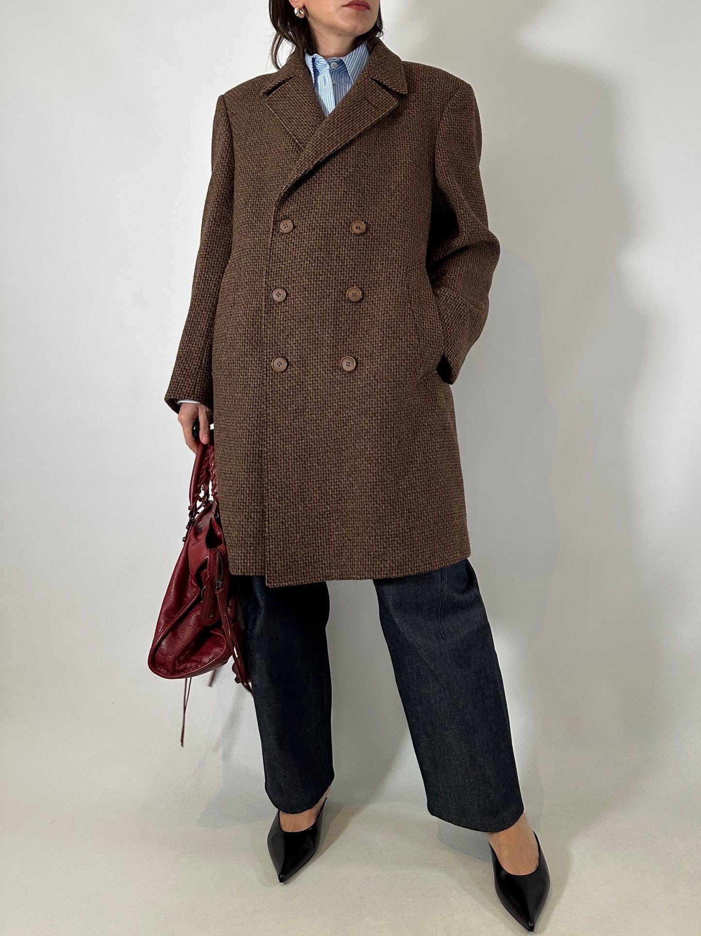 Brown tweed double-breasted coat