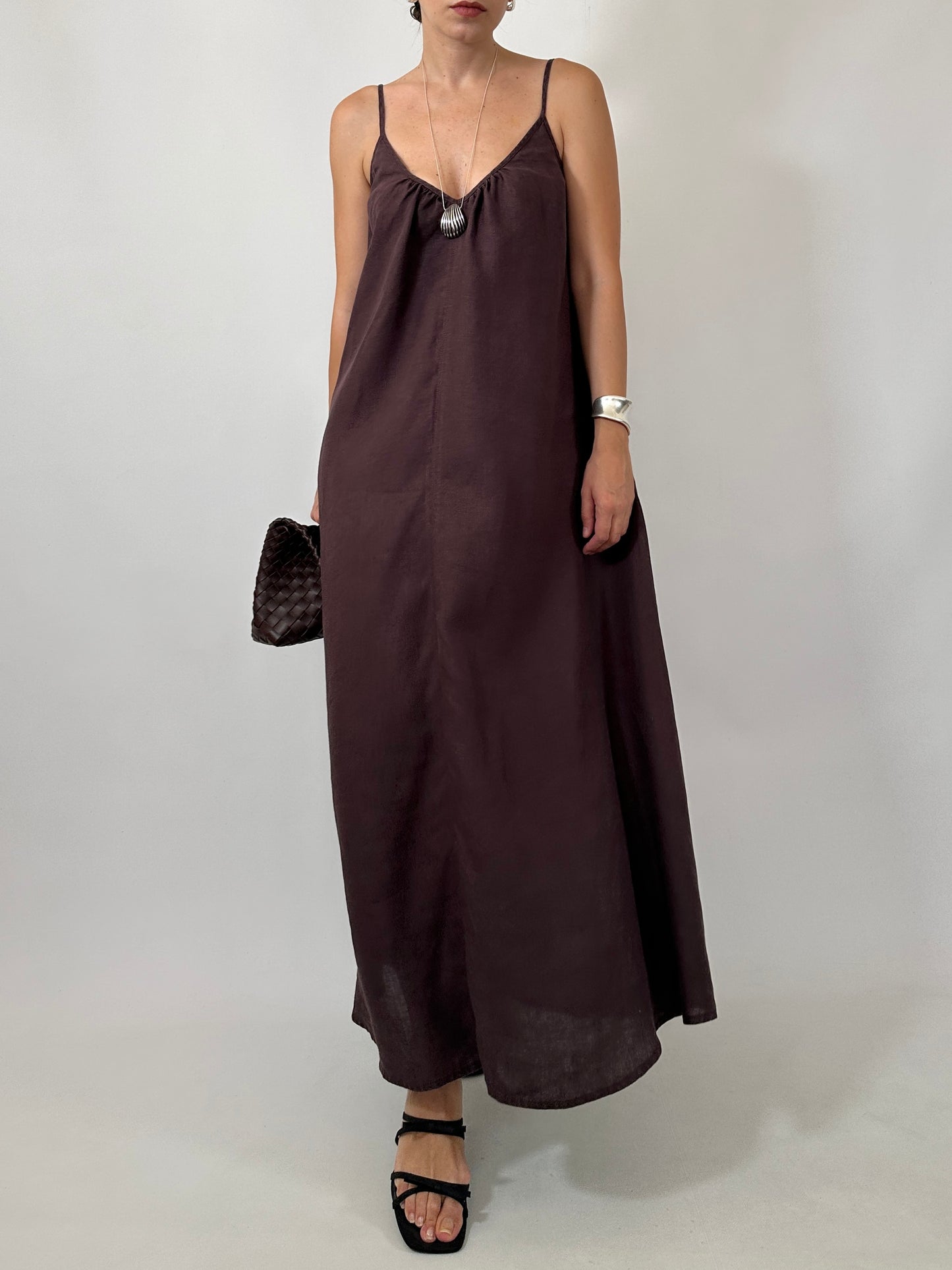 Chocolate Brown 100% Linen Maxi Dress