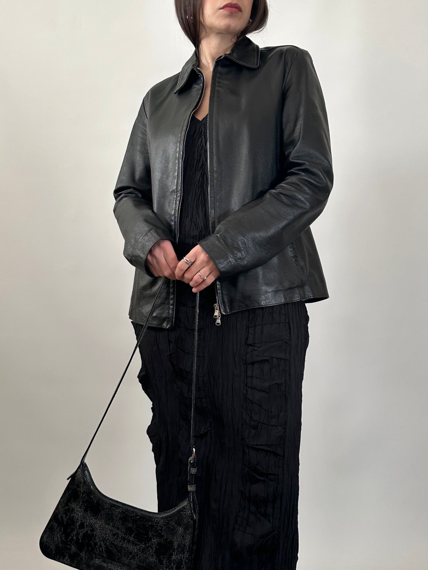 Minimal Black Leather Zip-Up Jacket