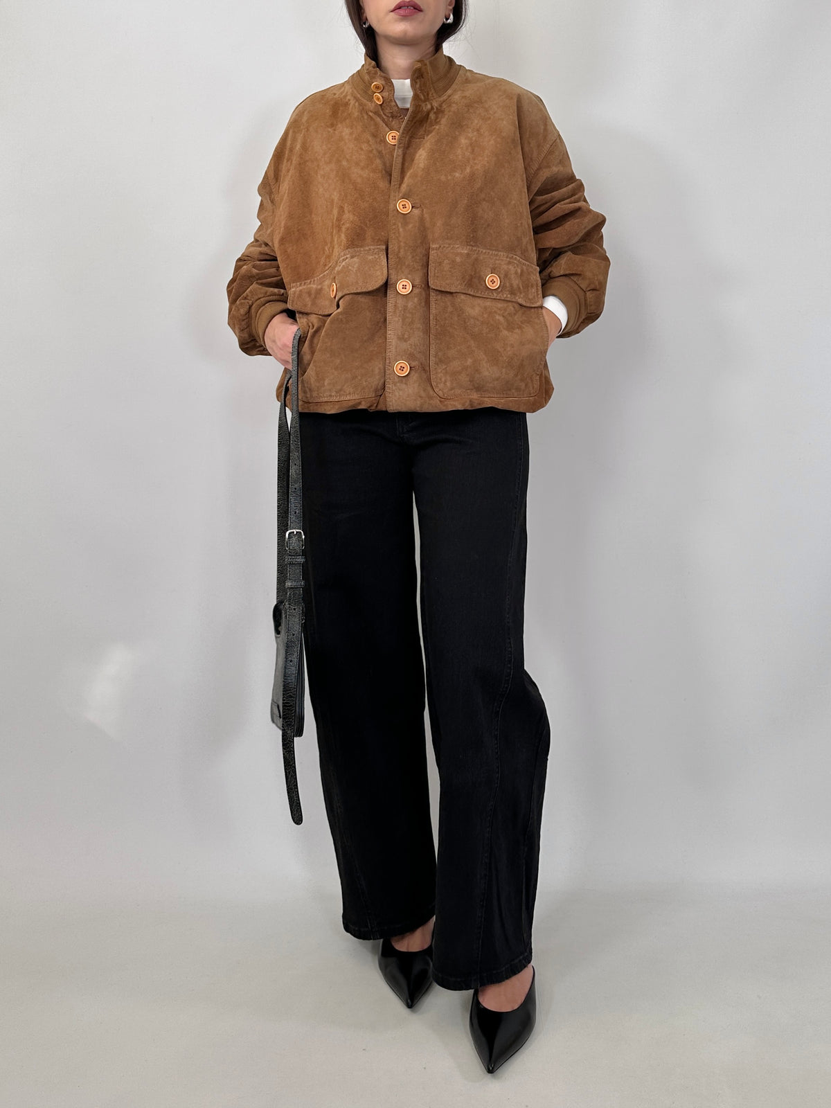 Cognac Suede Bomber Jacket
